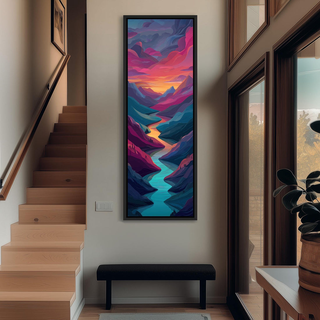 a large, colorful painting of a mountain landscape hanging on a wall.