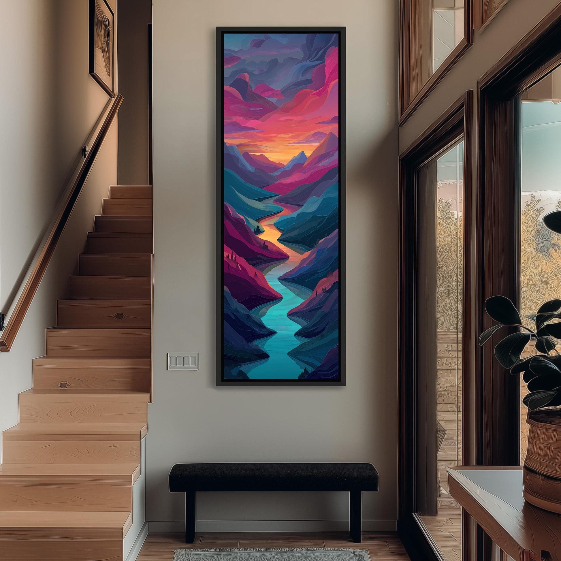 a hallway with a large, colorful painting hanging on the wall. The painting depicts a mountain landscape with a winding river flowing through it, creating a vibrant and dynamic scene. The hallway has wooden stairs leading up to the painting, and a bench is visible in the foreground. The overall atmosphere of the image is bright and inviting, with the colorful painting adding a touch of artistic flair to the space.
