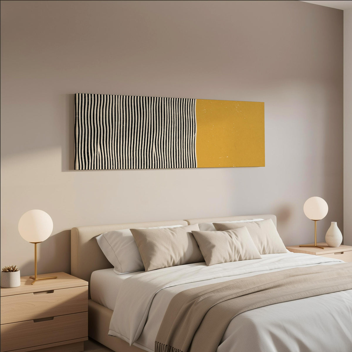 Black wavy stripes beside a mustard block wide panoramic canvas print above a bed in a neutral bedroom