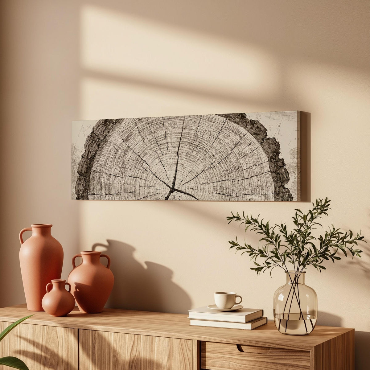 Sepia tree ring with radial cracks long horizontal canvas print above a wooden sideboard