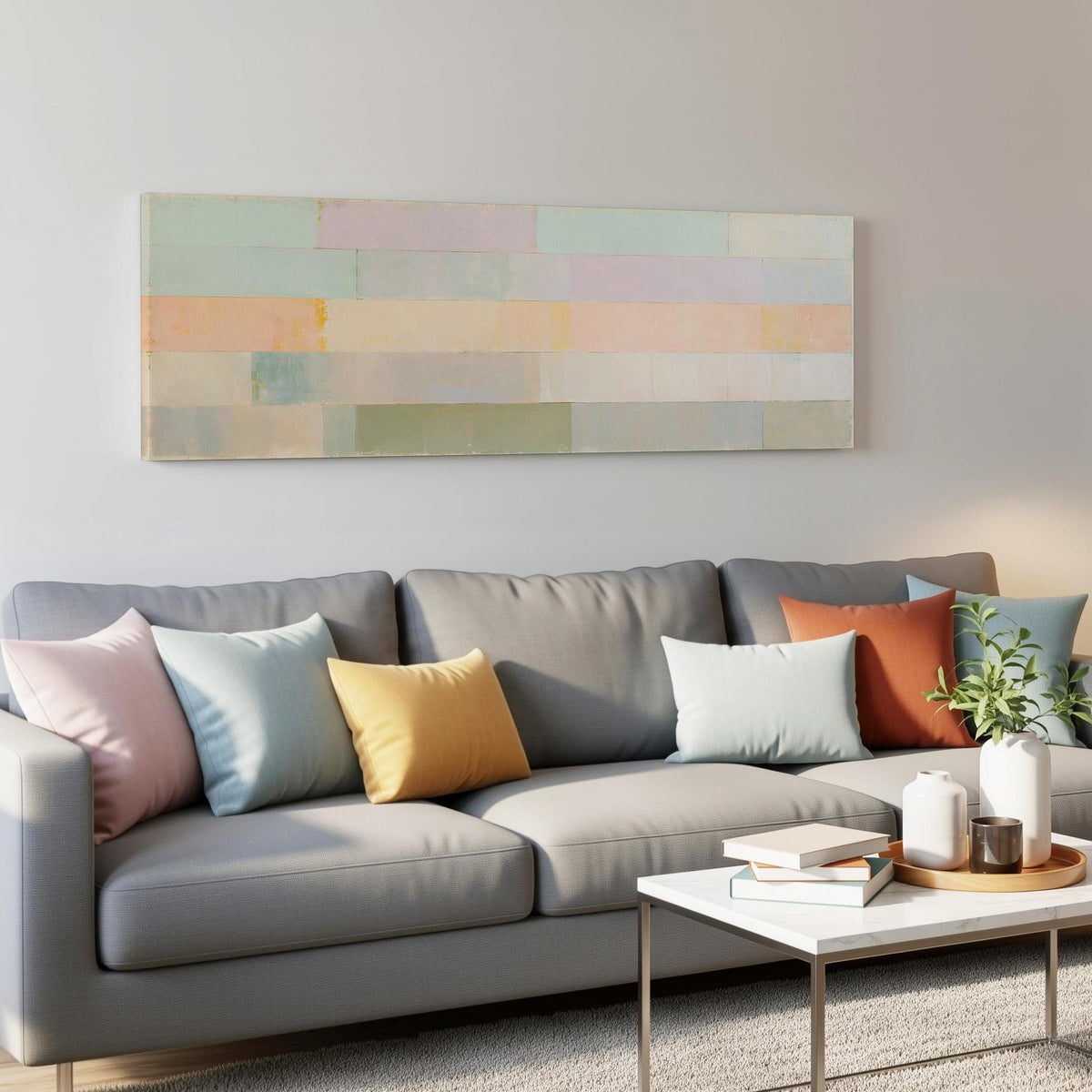 Soft lilac, mint and butter color bands panoramic canvas print above a grey sofa in a living room