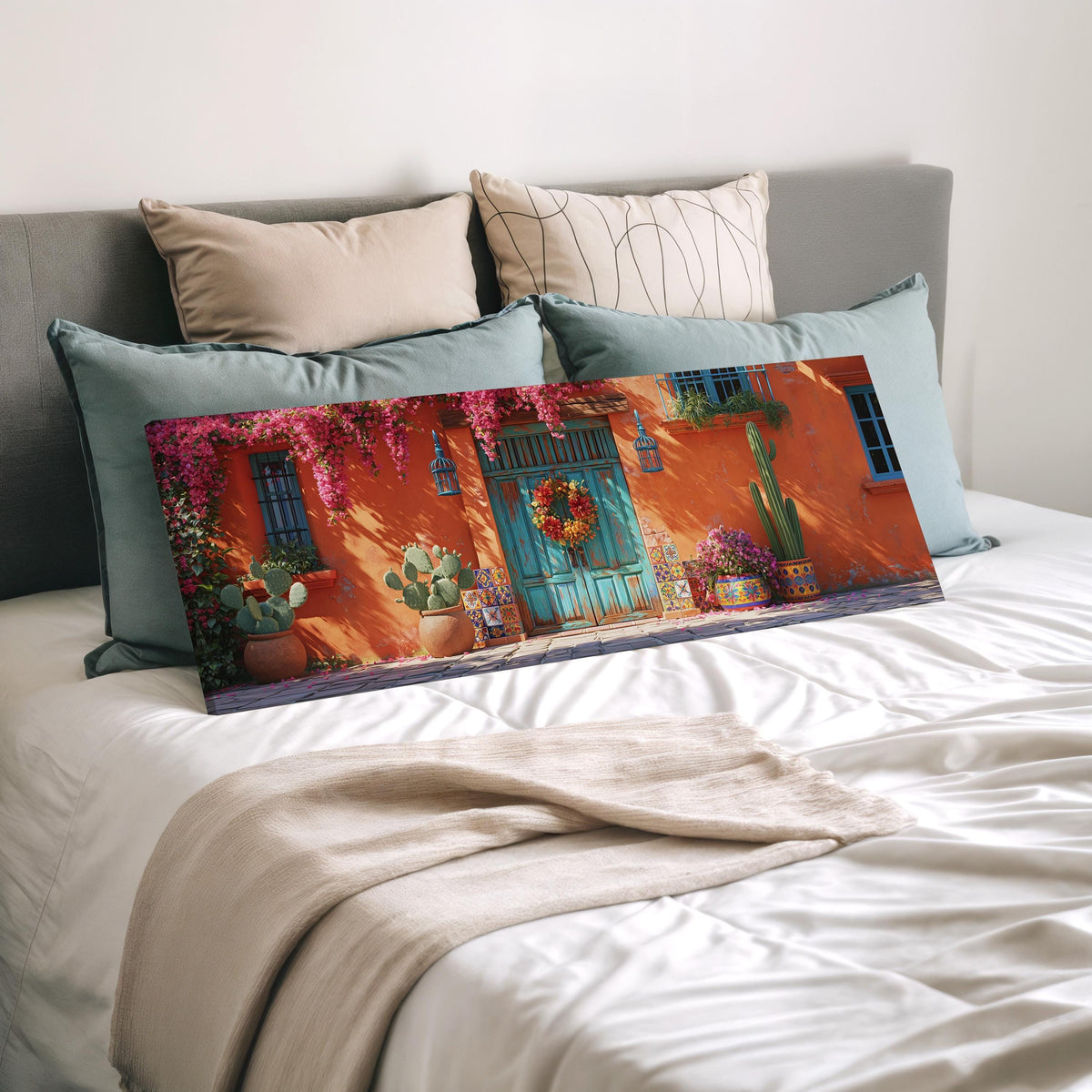 Adobe doorway with a wreath and cacti wide panoramic canvas print laid on a bed to show its size