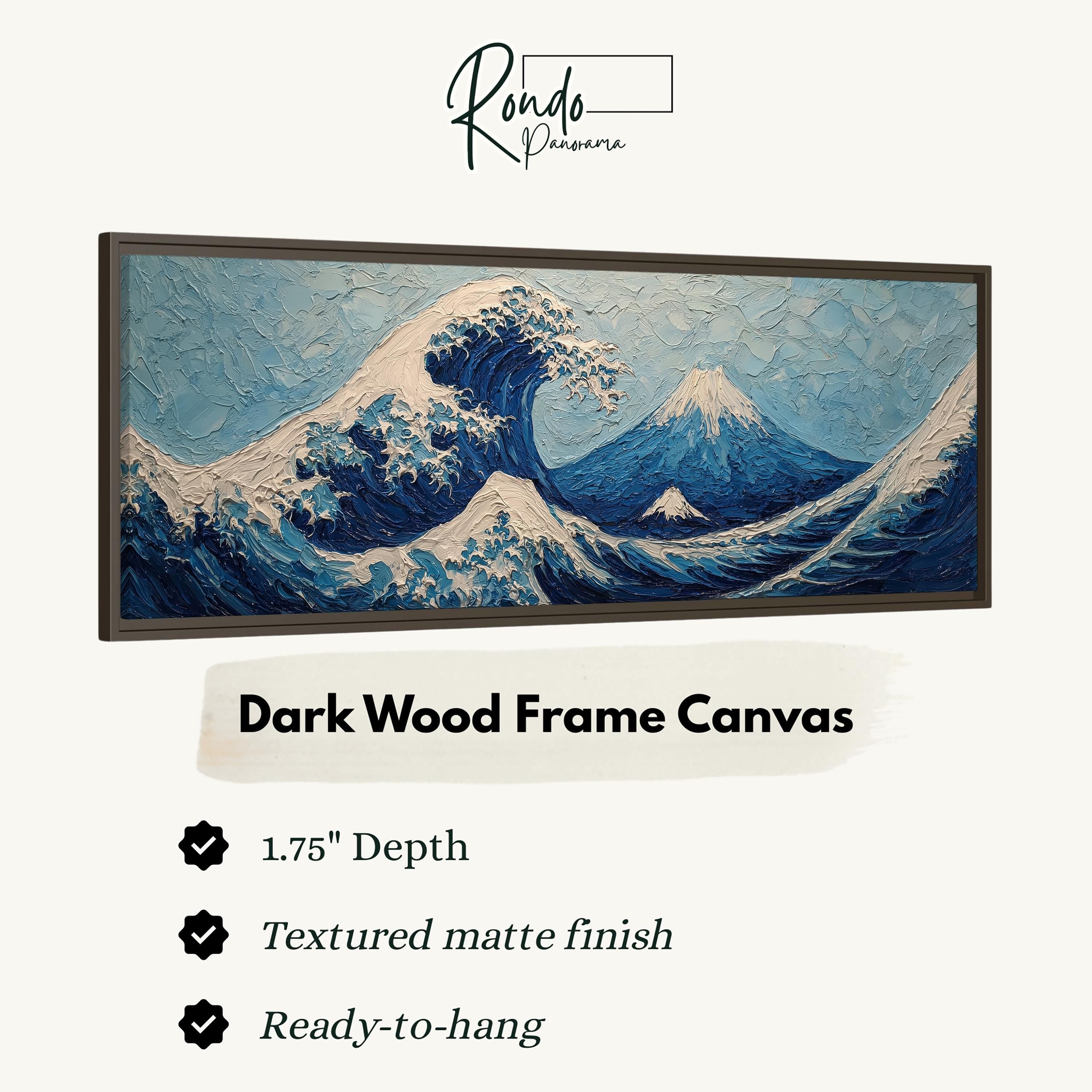 The image is a framed artwork depicting a large, textured wave with a mountain in the background.