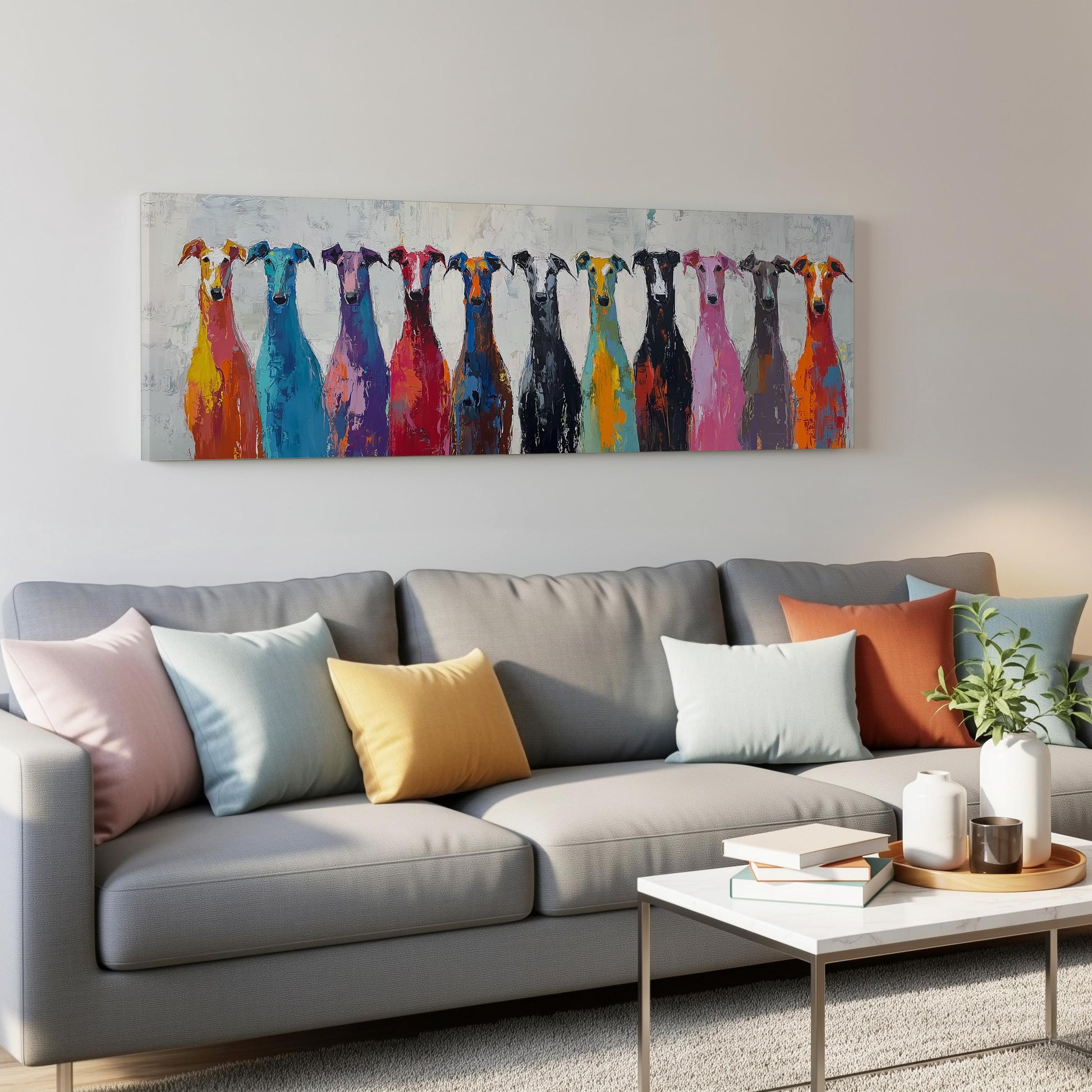 a gray couch with colorful throw pillows, and a coffee table in front of it. Above the couch, there is a large painting of nine dogs in various colors.
