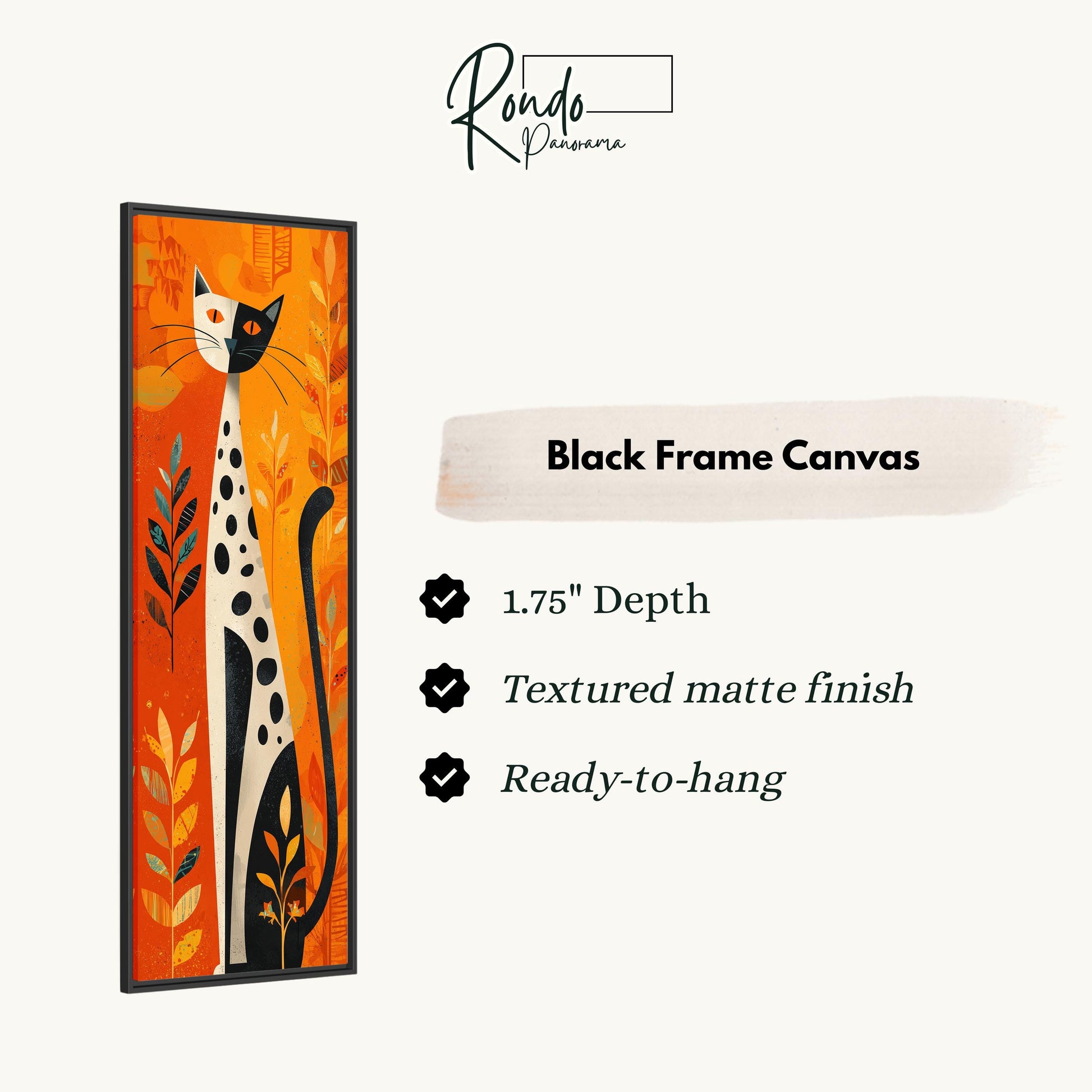 a black frame canvas with a cat illustration on it.