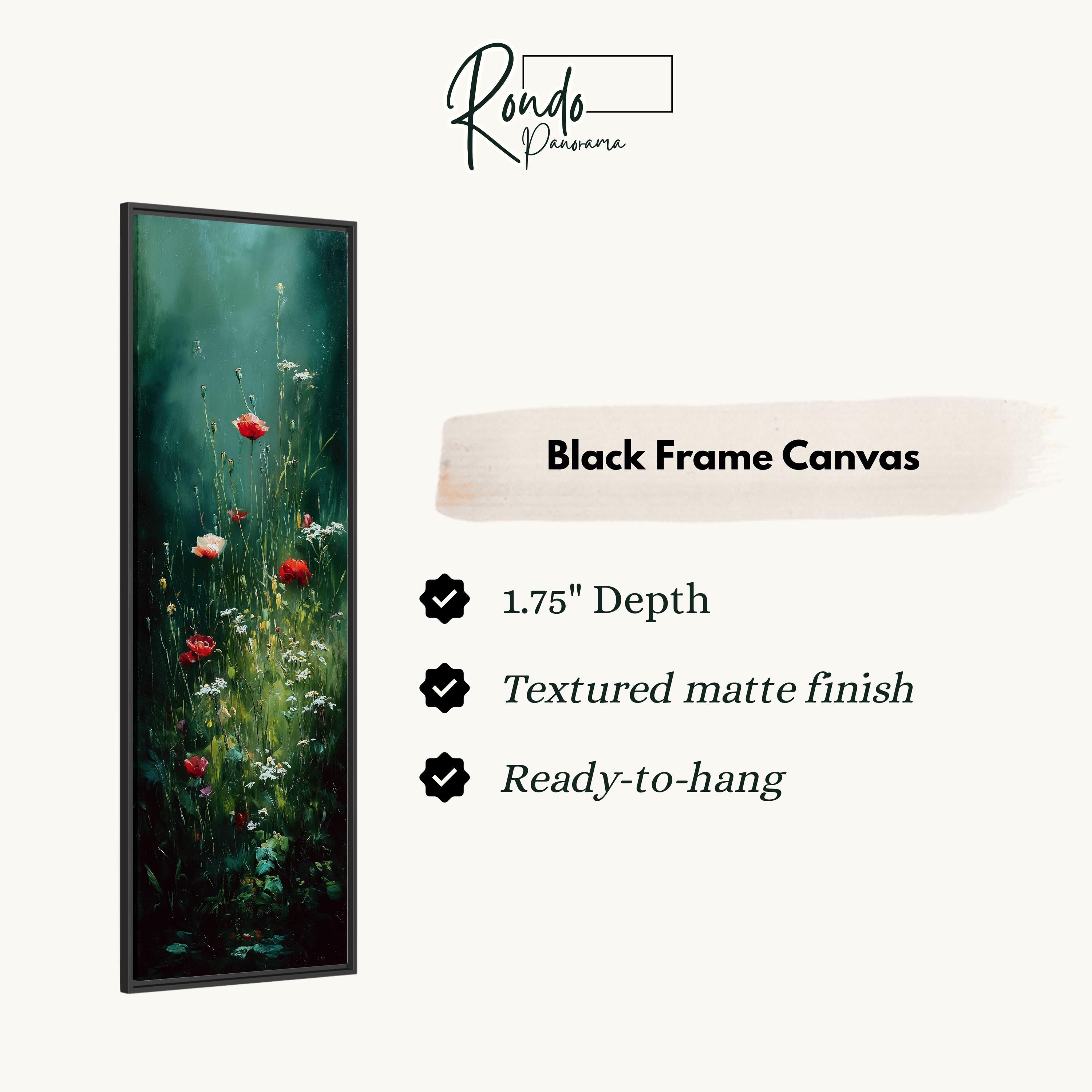 The image is a black frame canvas featuring a painting of red flowers in a lush green field.
