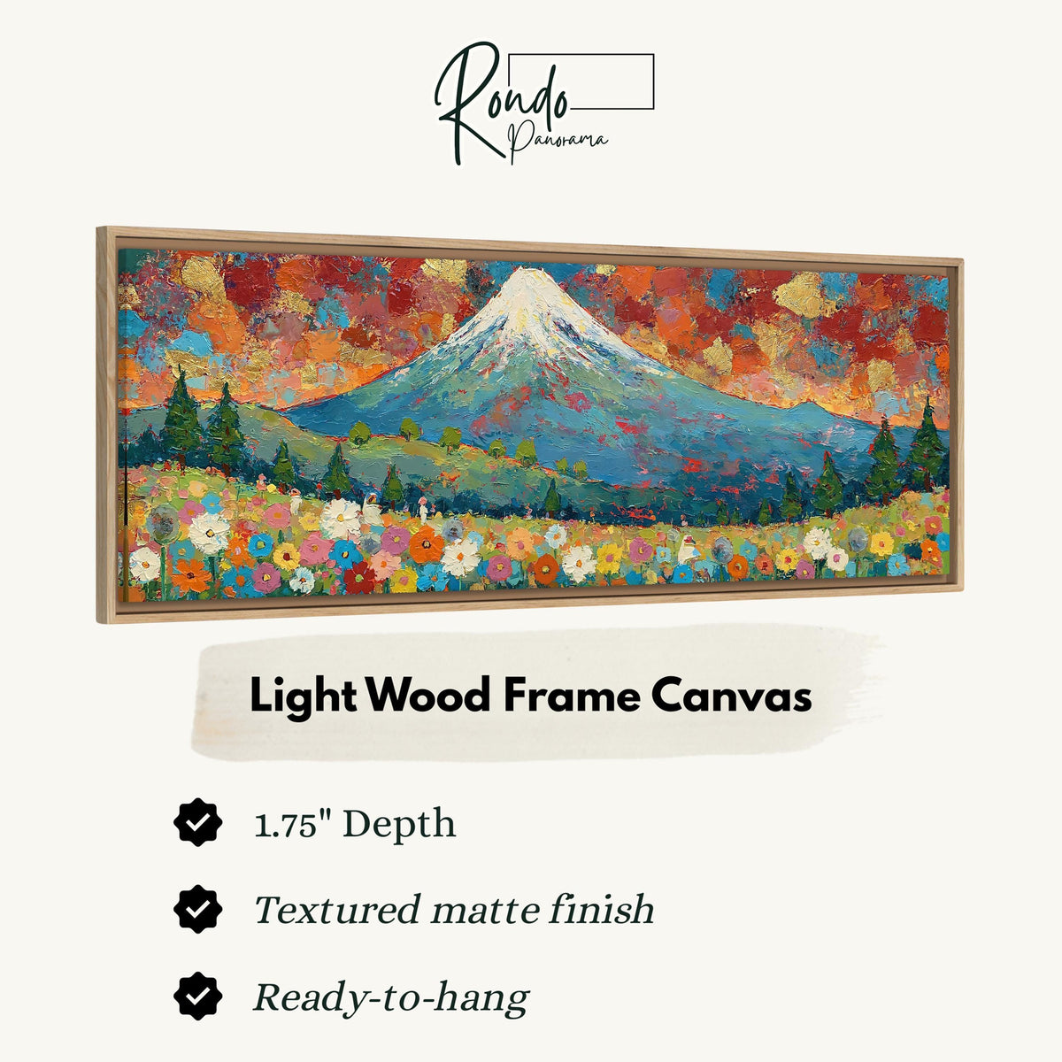 Mount Fuji above autumn trees and wildflowers canvas print in a light wood floating frame