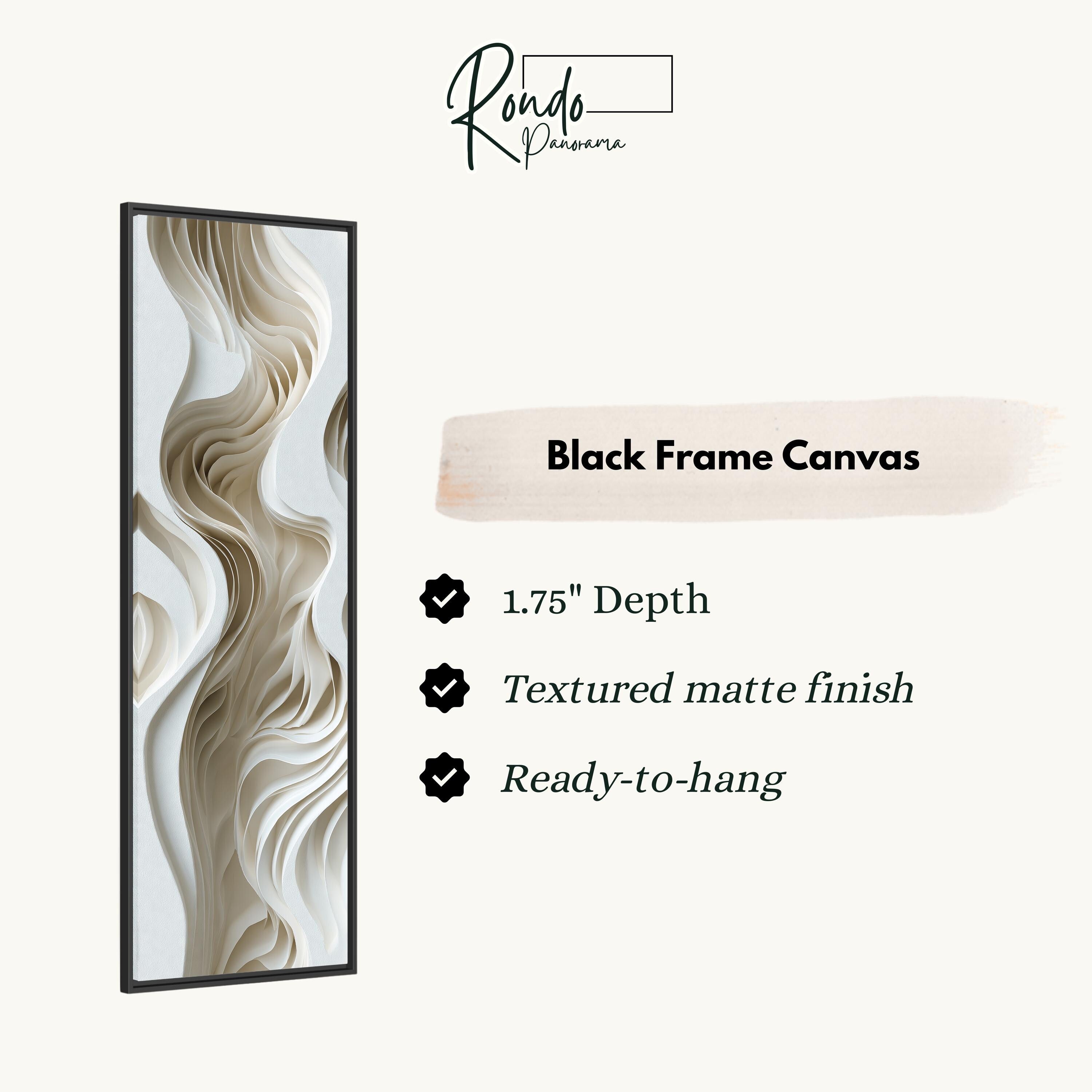 The image is a product description for a black frame canvas. It features a close-up of a textured matte finish and a 1.75" depth. The canvas is ready to hang.