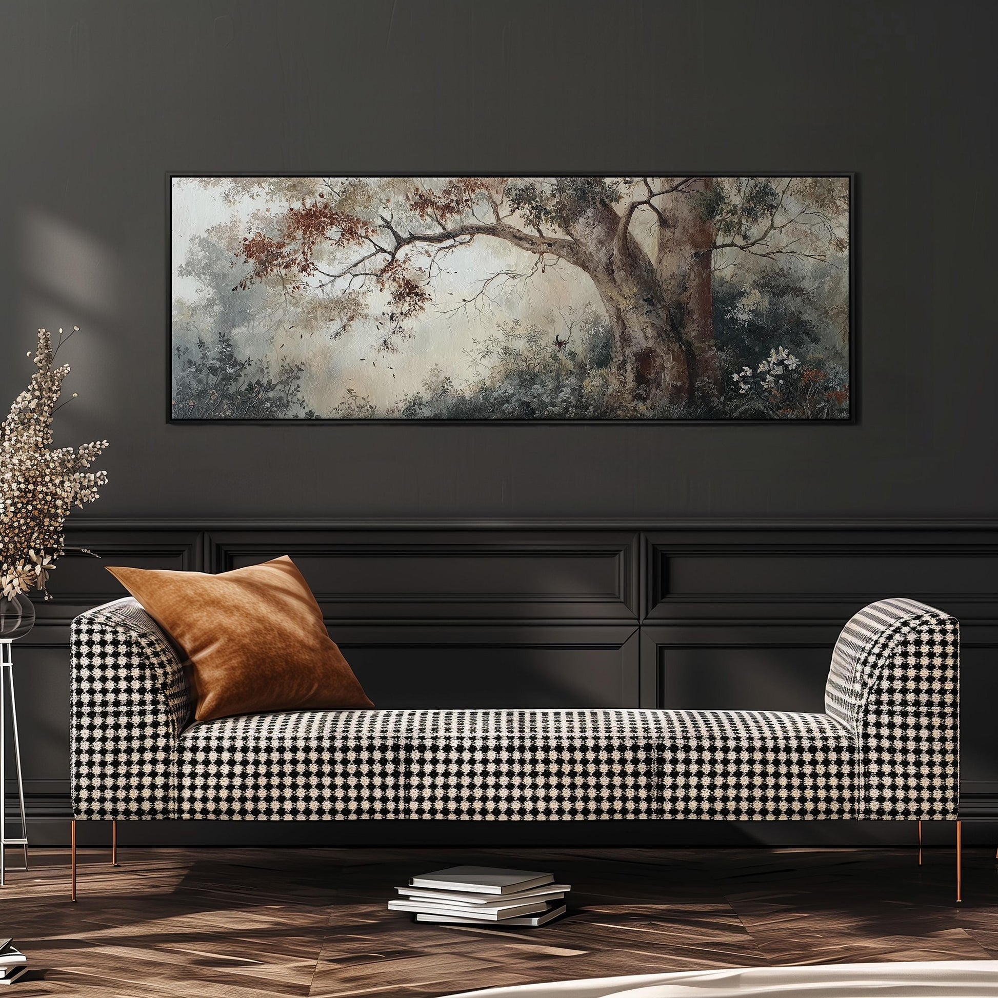 a black and white checkered sofa with a brown throw pillow, set against a dark wall with a large painting hanging above it.