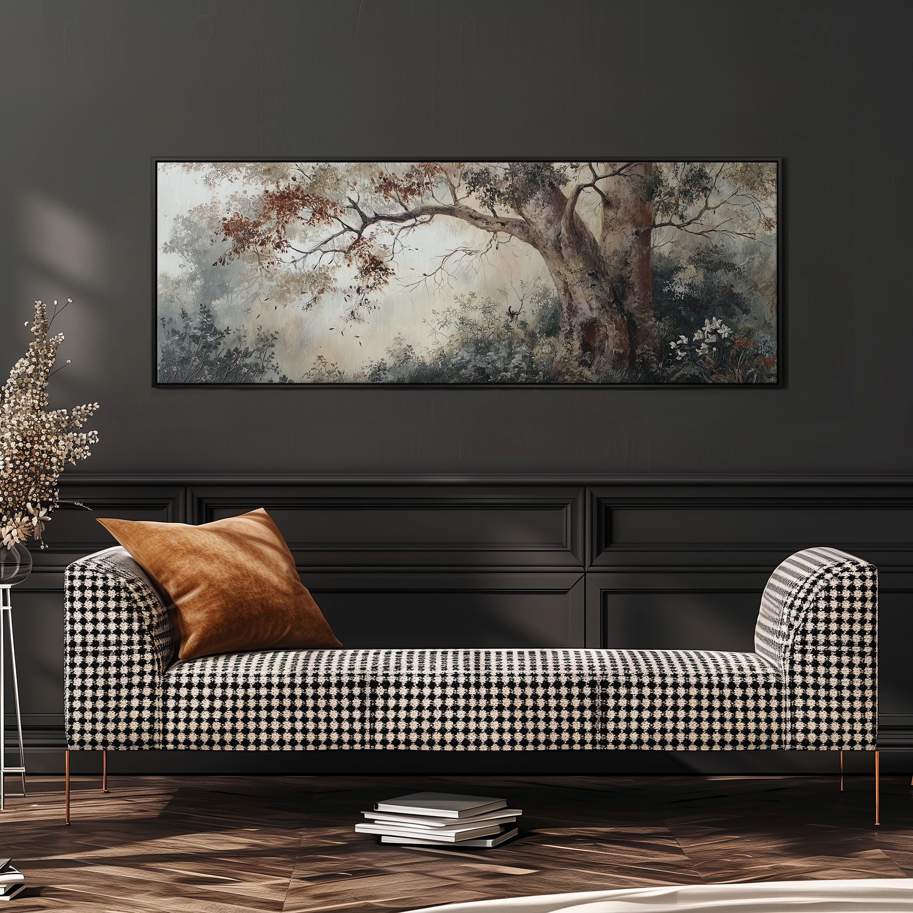 a black and white checkered sofa with a brown throw pillow, set against a dark wall with a large painting hanging above it.