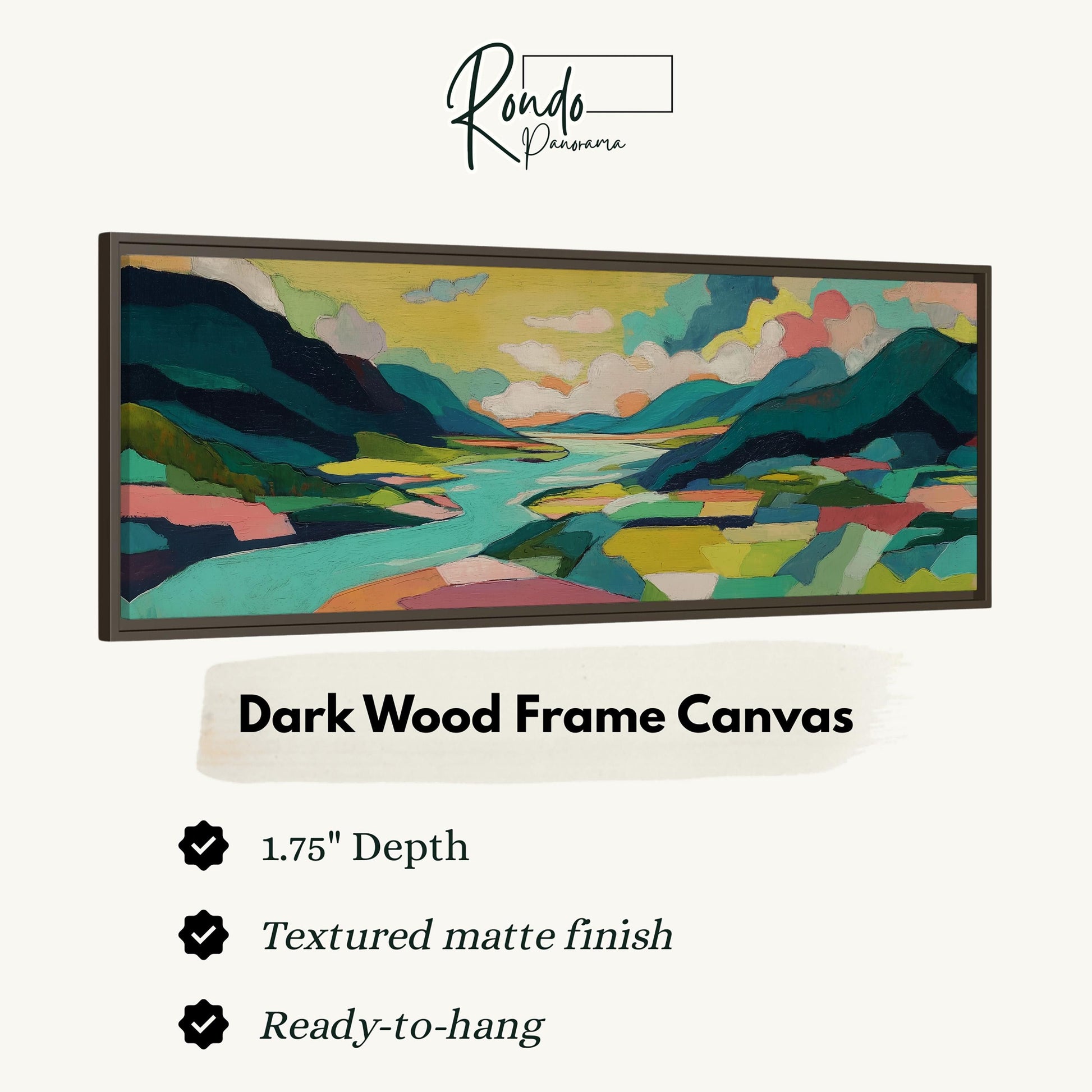 The image is a framed artwork depicting a landscape with mountains, a river, and a sky with clouds. The artwork is described as a "Dark Wood Frame Canvas" with a 1.75" depth, a textured matte finish, and a ready-to-hang condition.