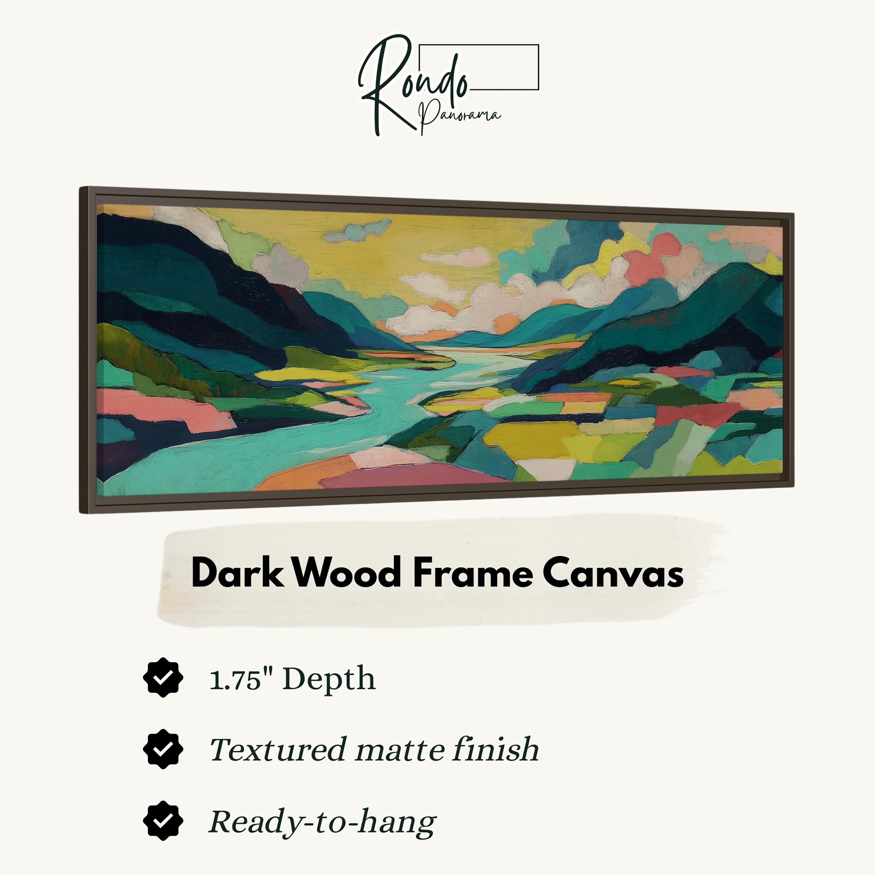 The image is a framed artwork depicting a landscape with mountains, a river, and a sky with clouds. The artwork is described as a "Dark Wood Frame Canvas" with a 1.75" depth, a textured matte finish, and a ready-to-hang condition.