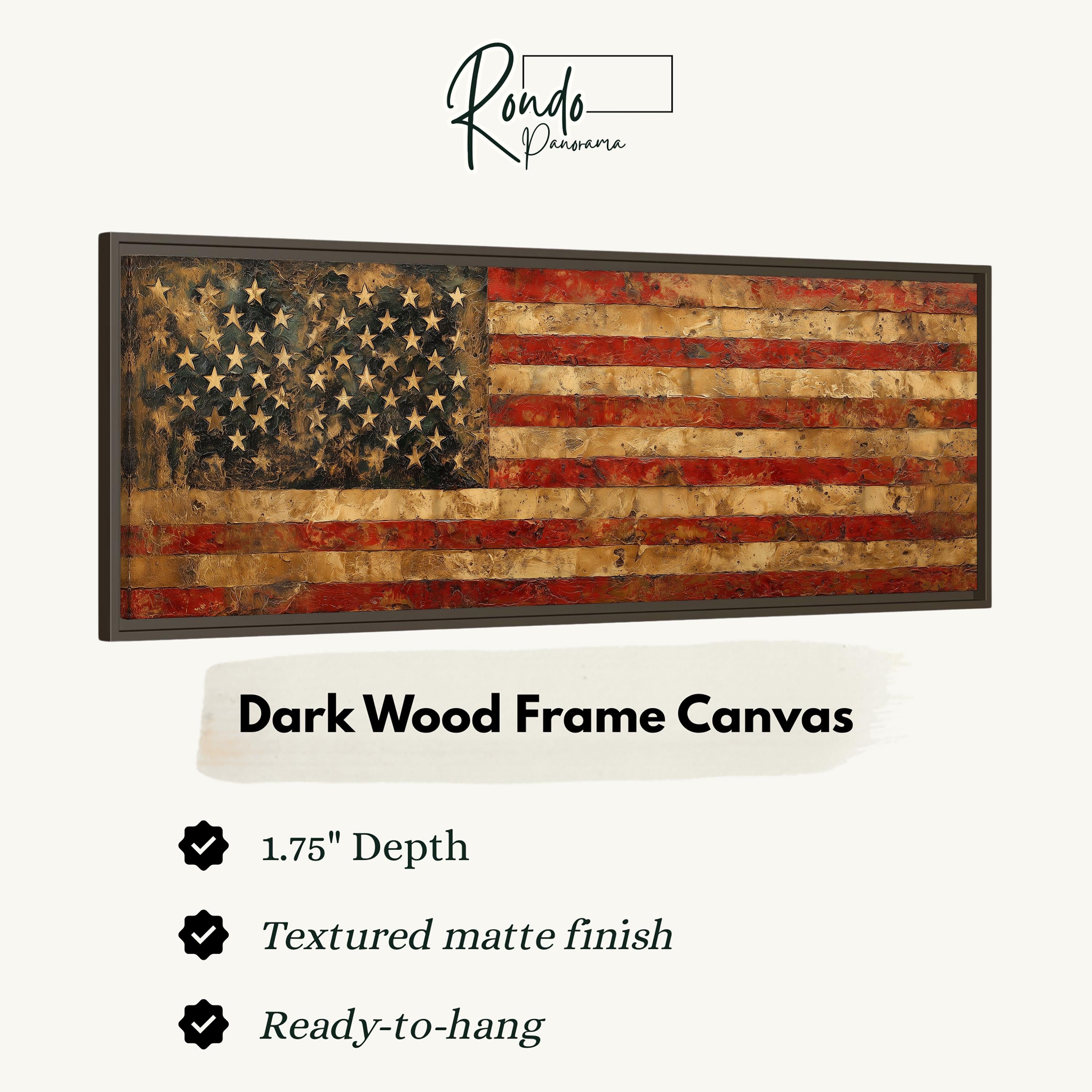 a dark wood frame canvas depicting an American flag.