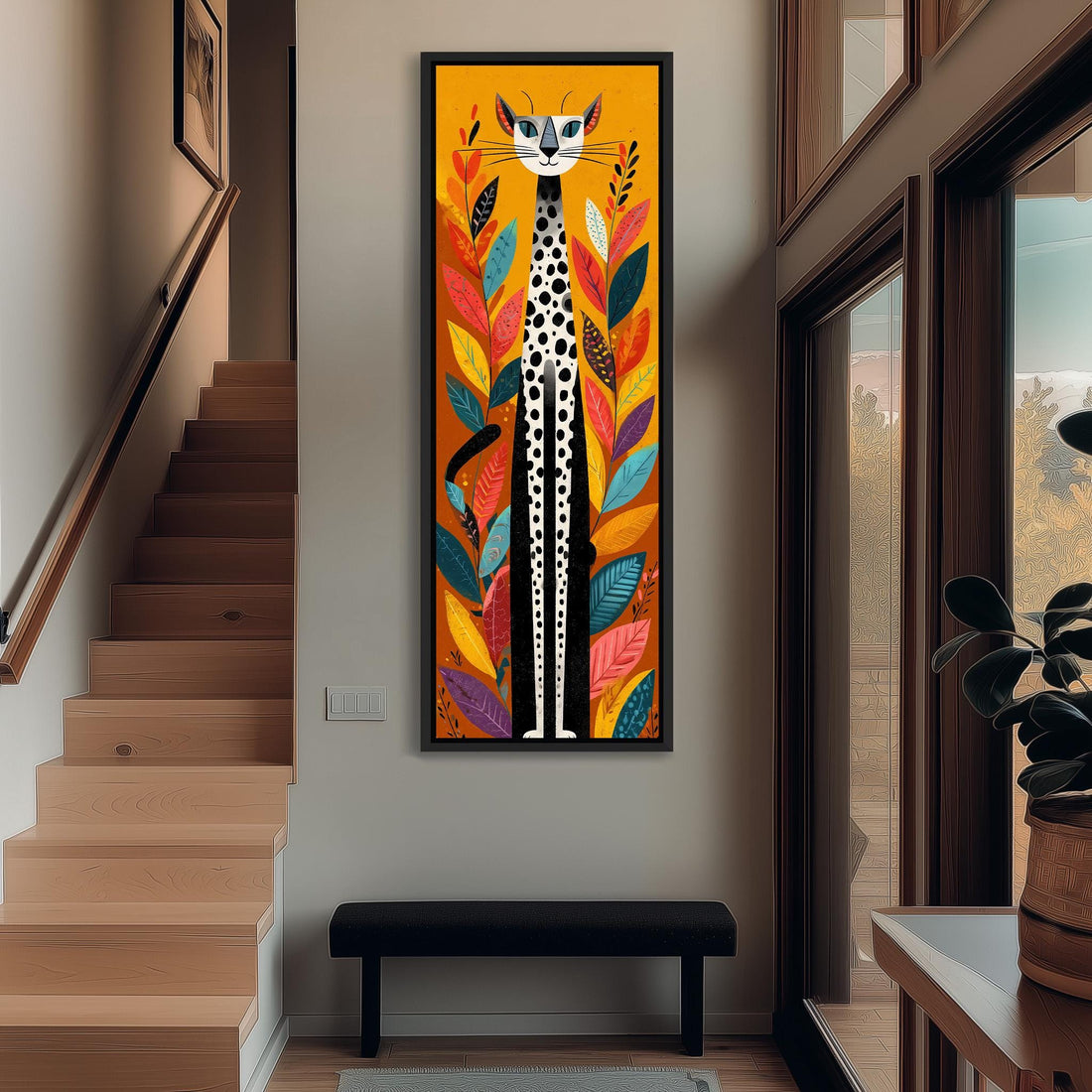 a vibrant, colorful painting of a cat with a striking pattern of spots, set against a backdrop of leaves and flowers. The painting is hung on a wall, adding a lively and artistic touch to the room.