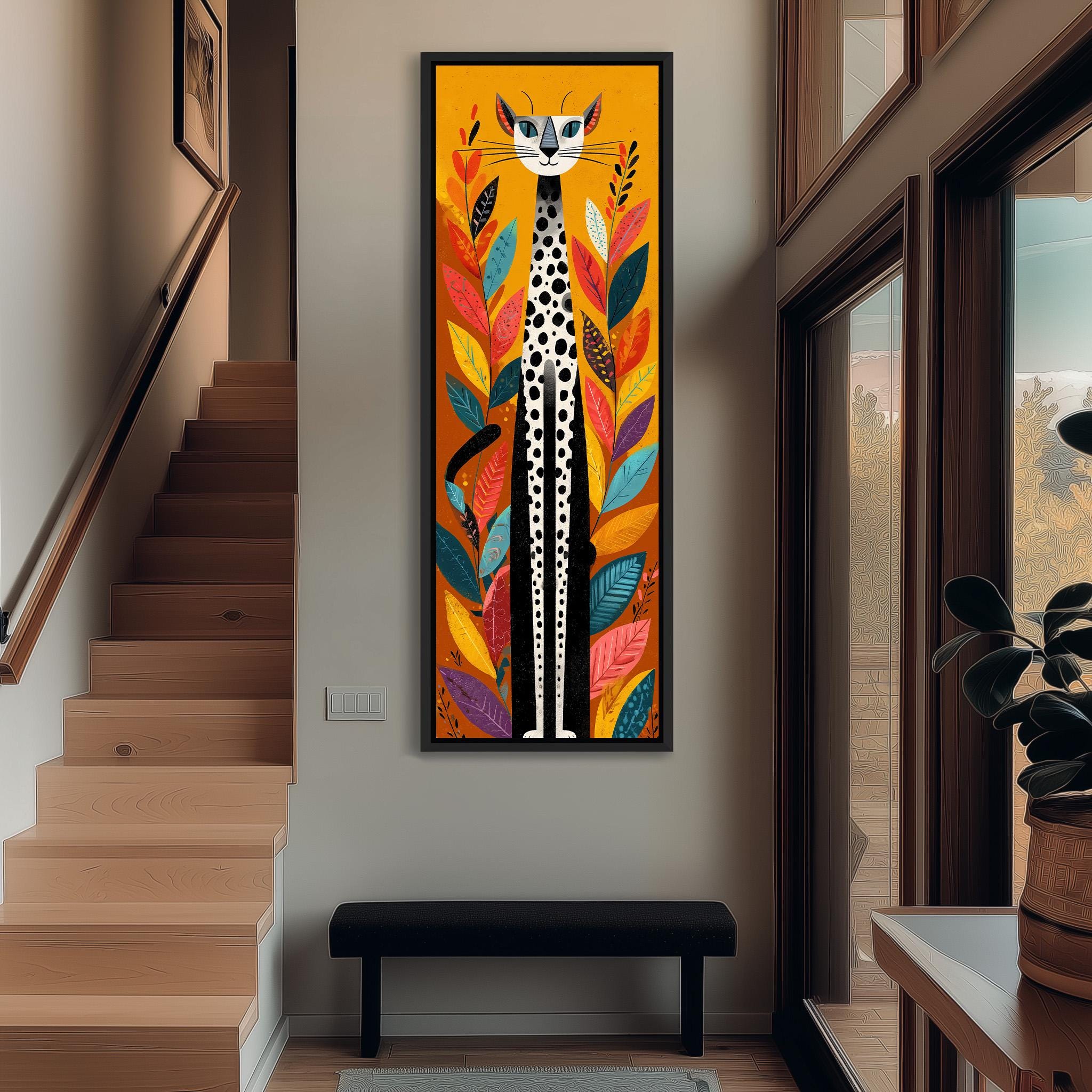 a colorful abstract painting of a cat with a vibrant background of leaves and flowers. The painting is hanging on a wall in a hallway, with a wooden staircase visible in the background.