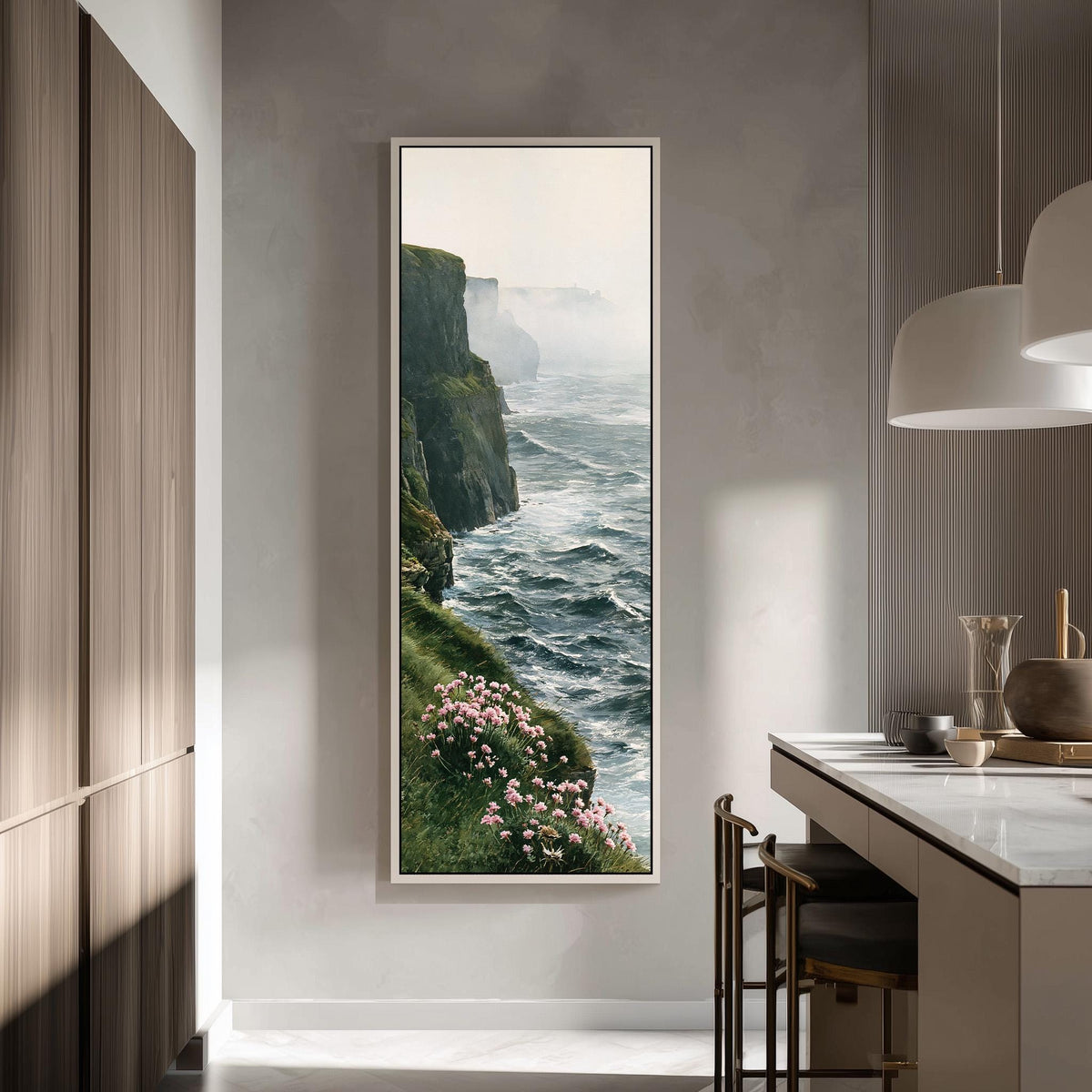Misty sea cliffs with pink wildflowers tall skinny canvas print in a modern kitchen