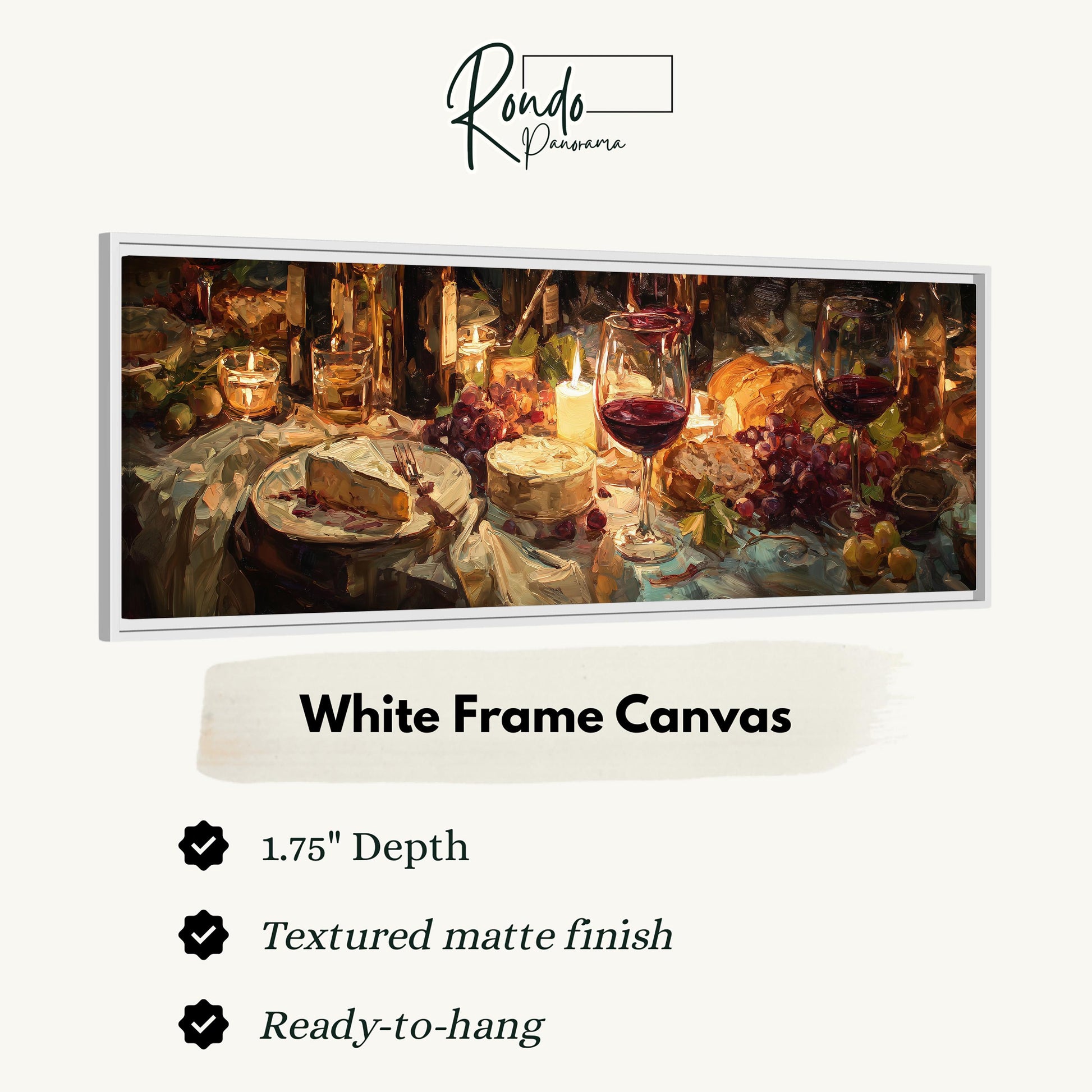 The image is a white frame canvas depicting a table set with wine glasses, plates of food, and candles, creating a cozy and intimate atmosphere.