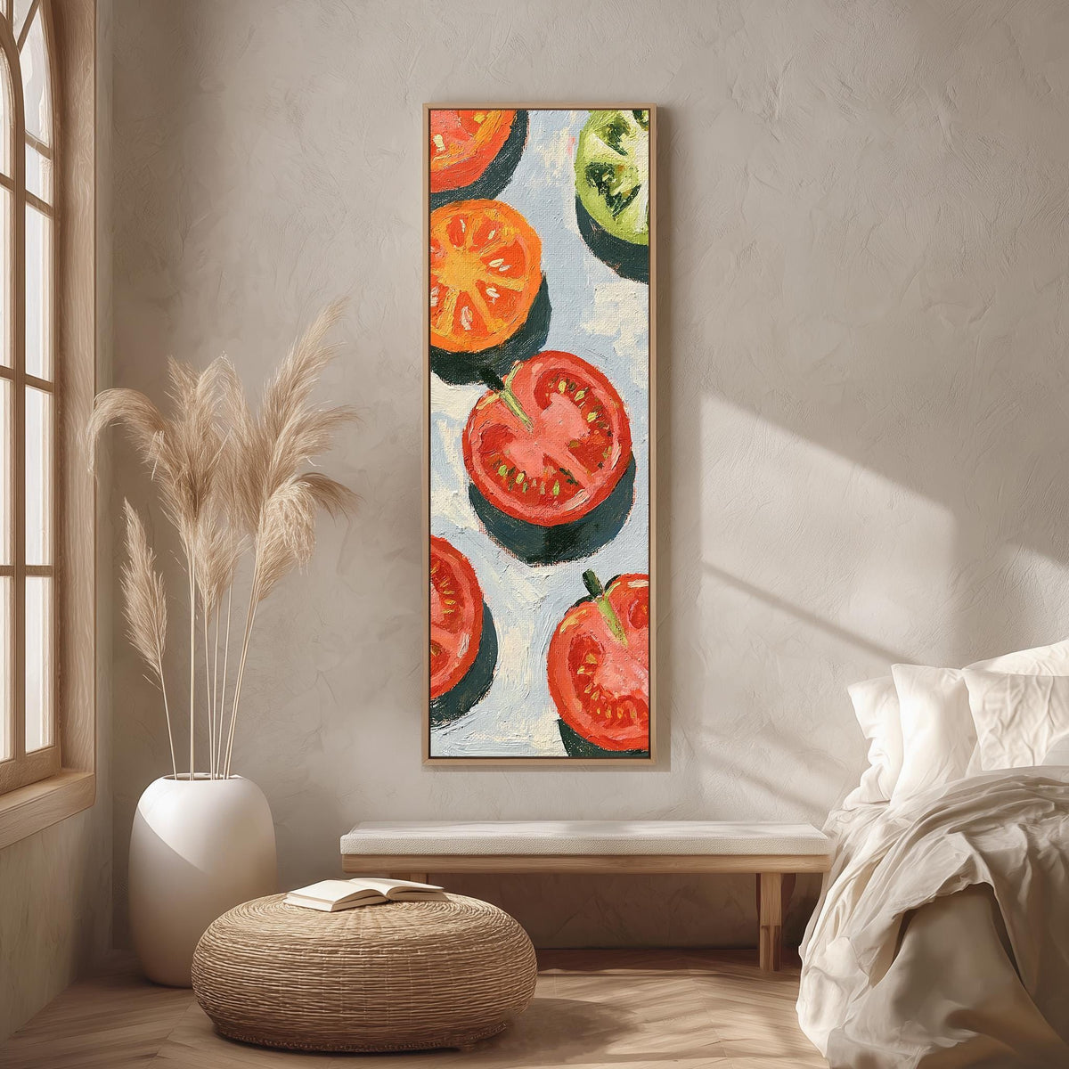 Sliced tomatoes tall skinny canvas print in a modern kitchen