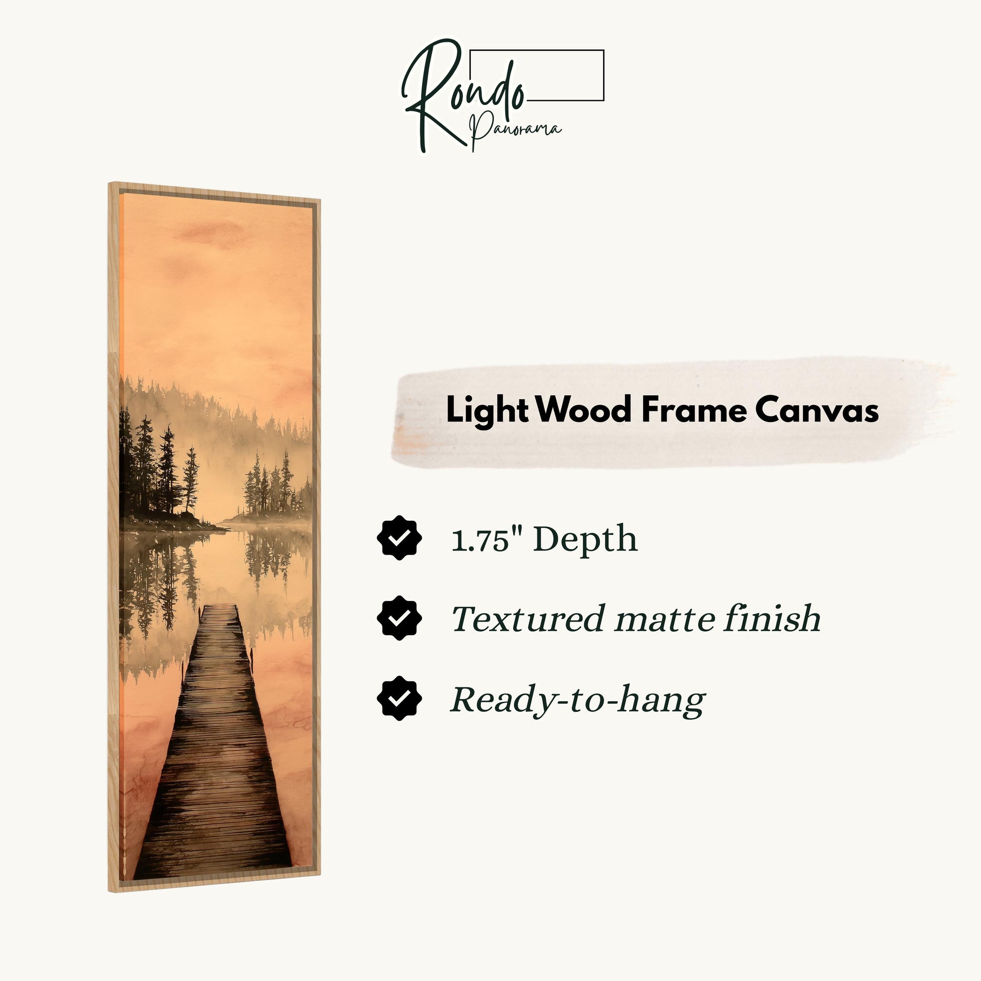 The image is a rectangular frame with a painting of a wooden dock leading to a lake, surrounded by trees.