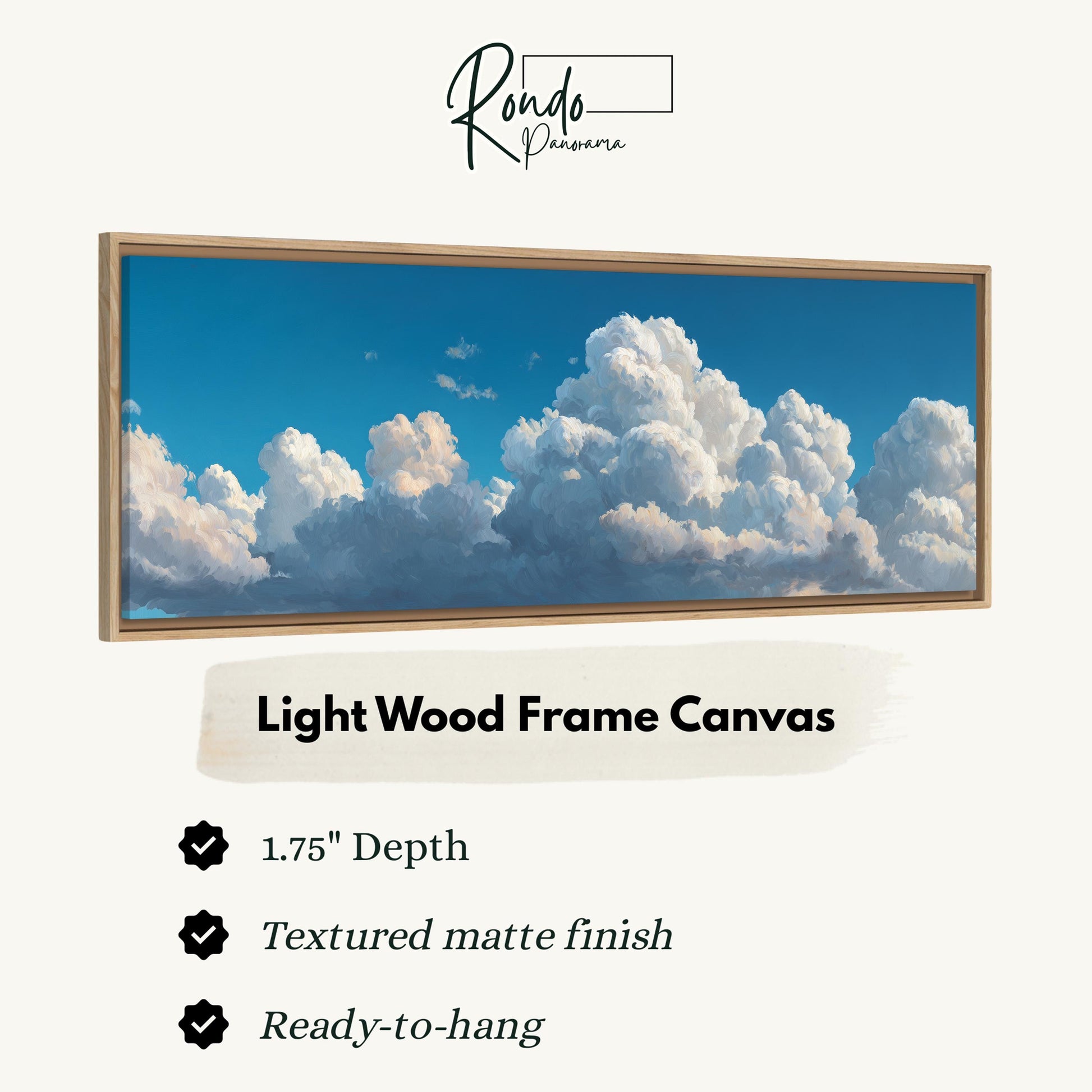 The image is a framed canvas depicting a beautiful blue sky with fluffy white clouds.