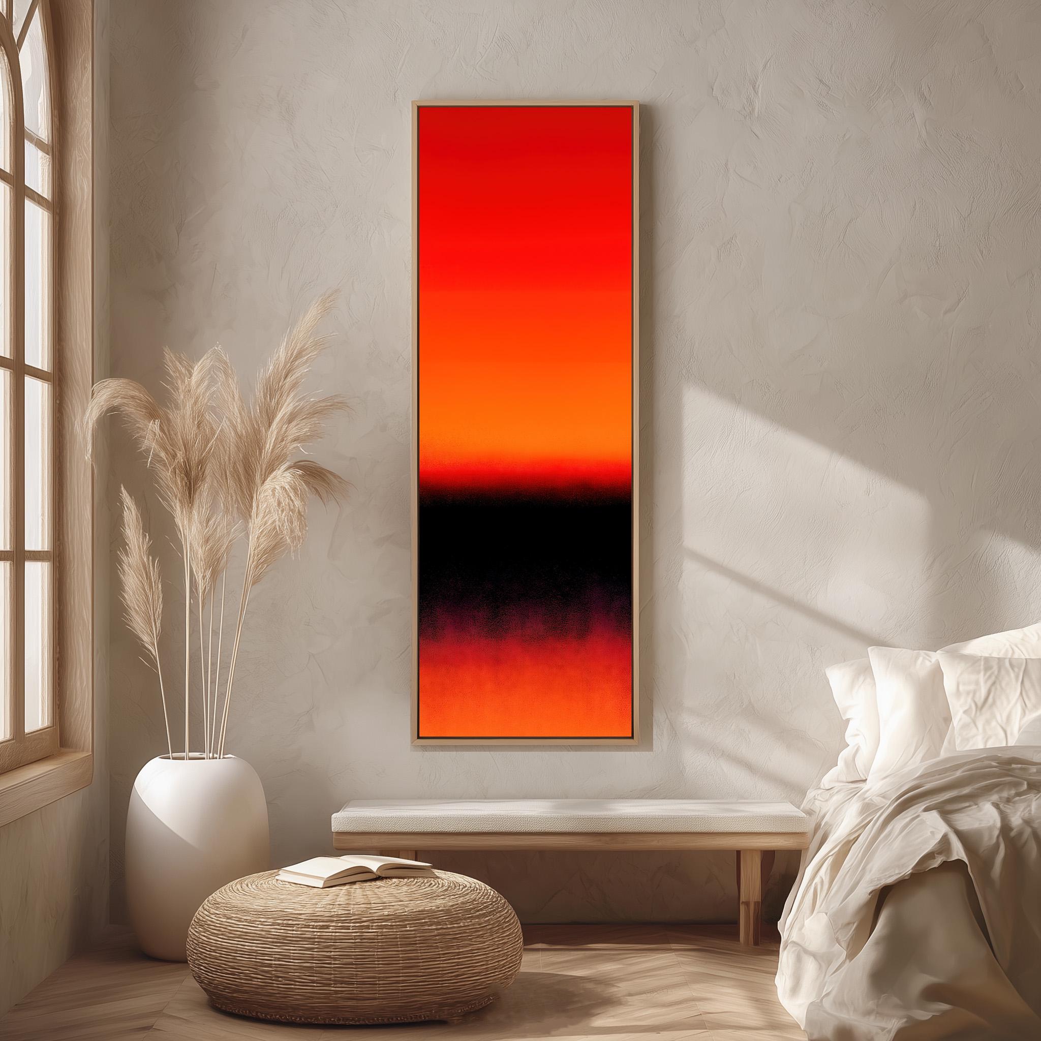 a modern bedroom with a large, vibrant red and orange abstract painting hanging on the wall. The room features a white bed, a wicker ottoman, and a potted plant, creating a minimalist and stylish atmosphere.
