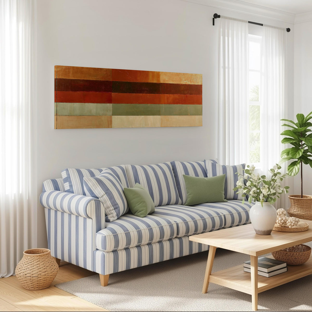 Amber, rust and sage horizontal color bands long horizontal canvas print above a striped sofa in a coastal living room