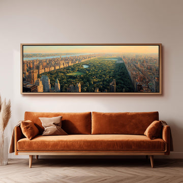 a large, framed painting of a cityscape with tall buildings and a park in the foreground.