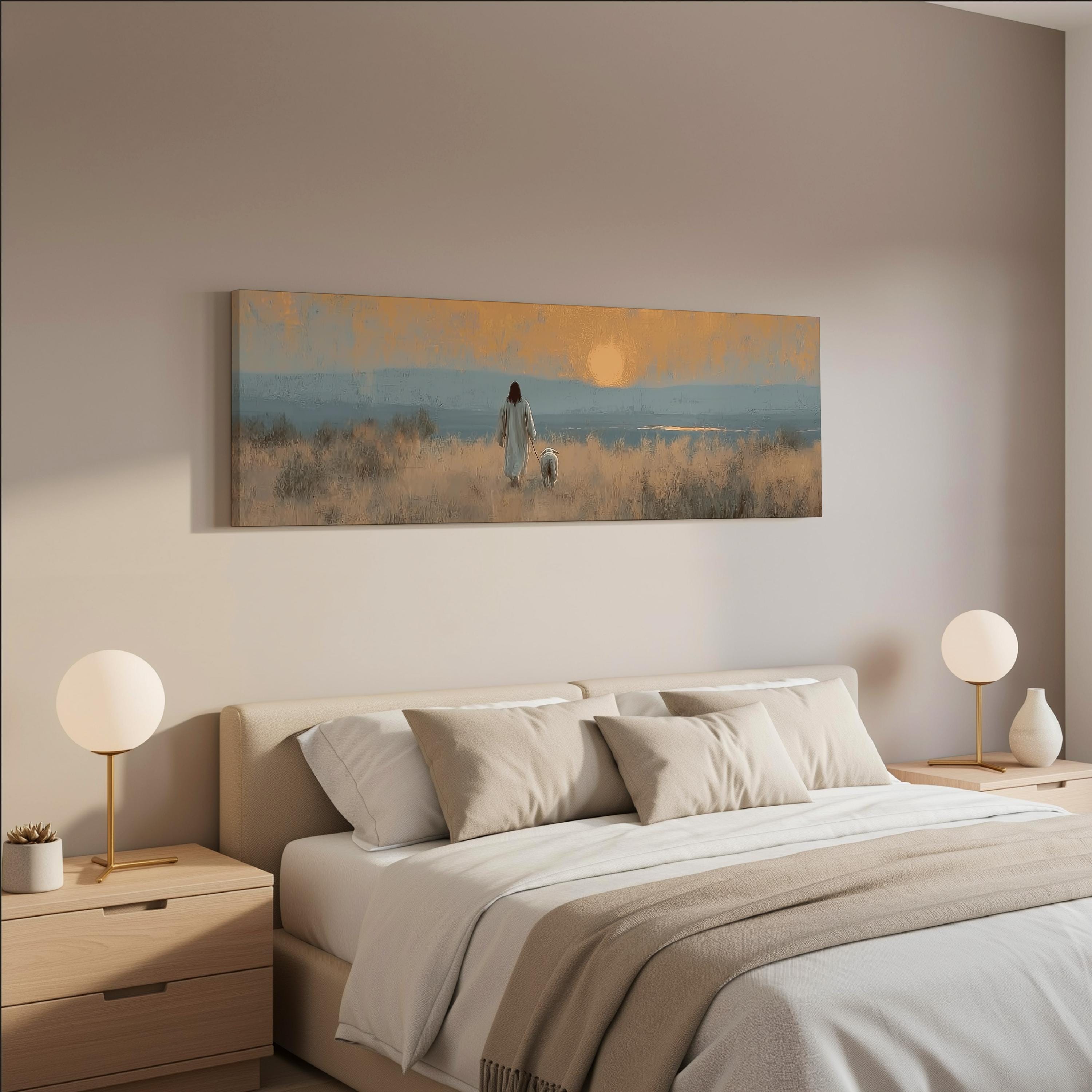 a serene bedroom scene with a large bed, a nightstand on each side, and a painting of a person walking in a field with a dog.