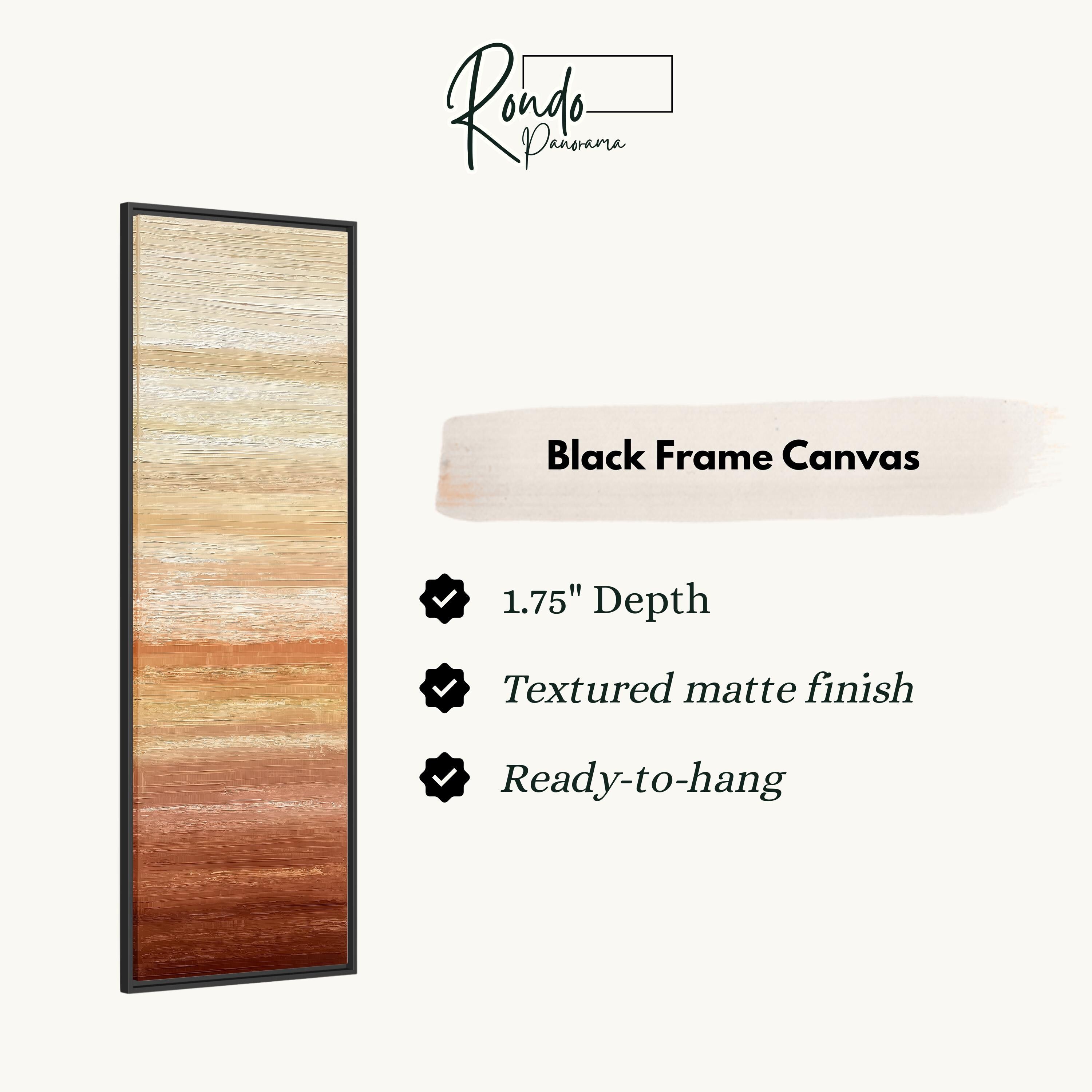 The image is a product description for a black frame canvas. It features a vertical stripe of warm colors, ranging from light to dark, and includes text highlighting the features of the canvas.