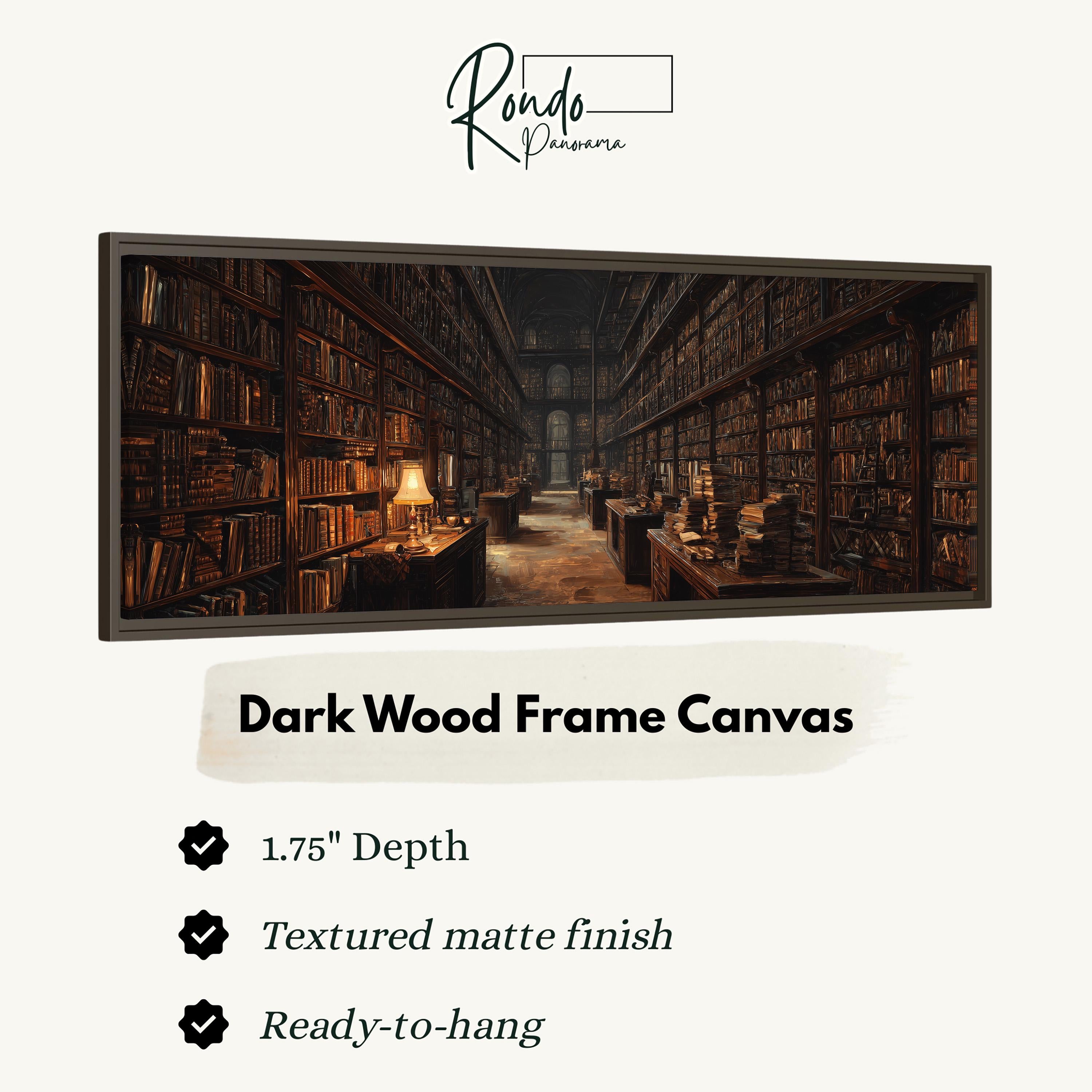 A dark wood frame canvas depicting a library with rows of bookshelves and tables, creating a cozy and studious atmosphere.