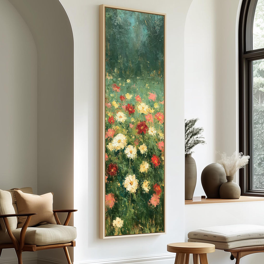 Wildflower garden meadow long vertical canvas print in a sunlit living space