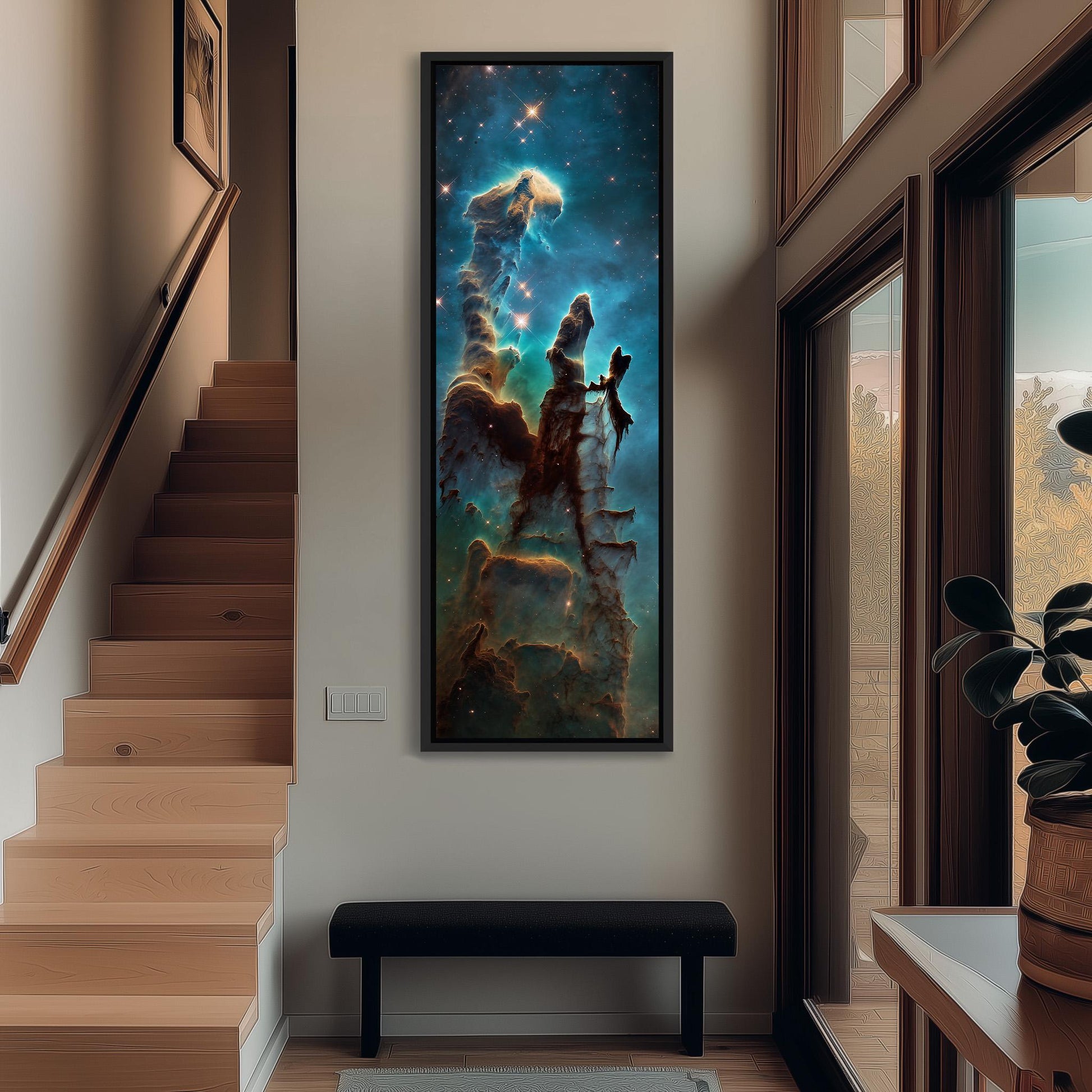 a large, colorful painting of a nebula hanging on the wall of a room with wooden stairs and a bench.
