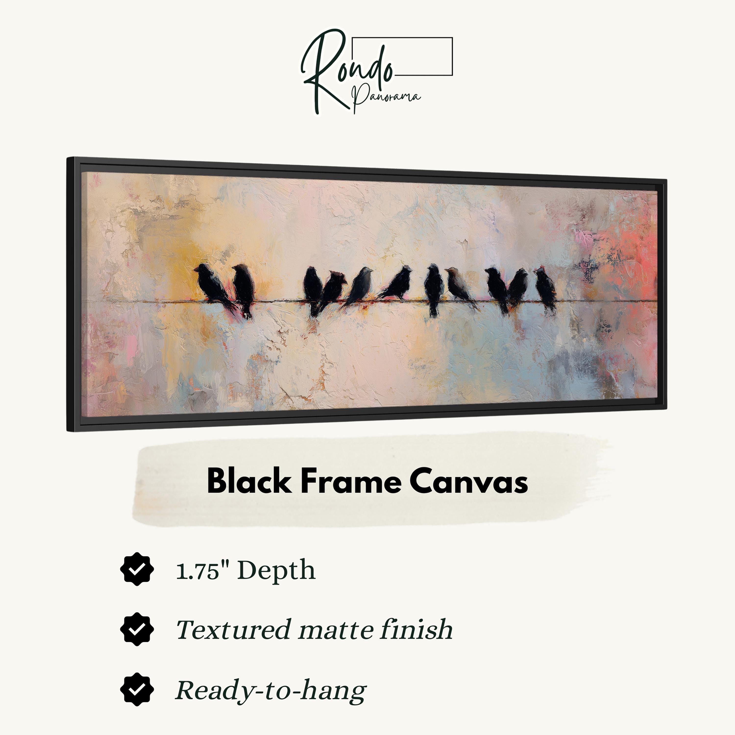 The image is a framed canvas depicting a group of birds perched on a wire.