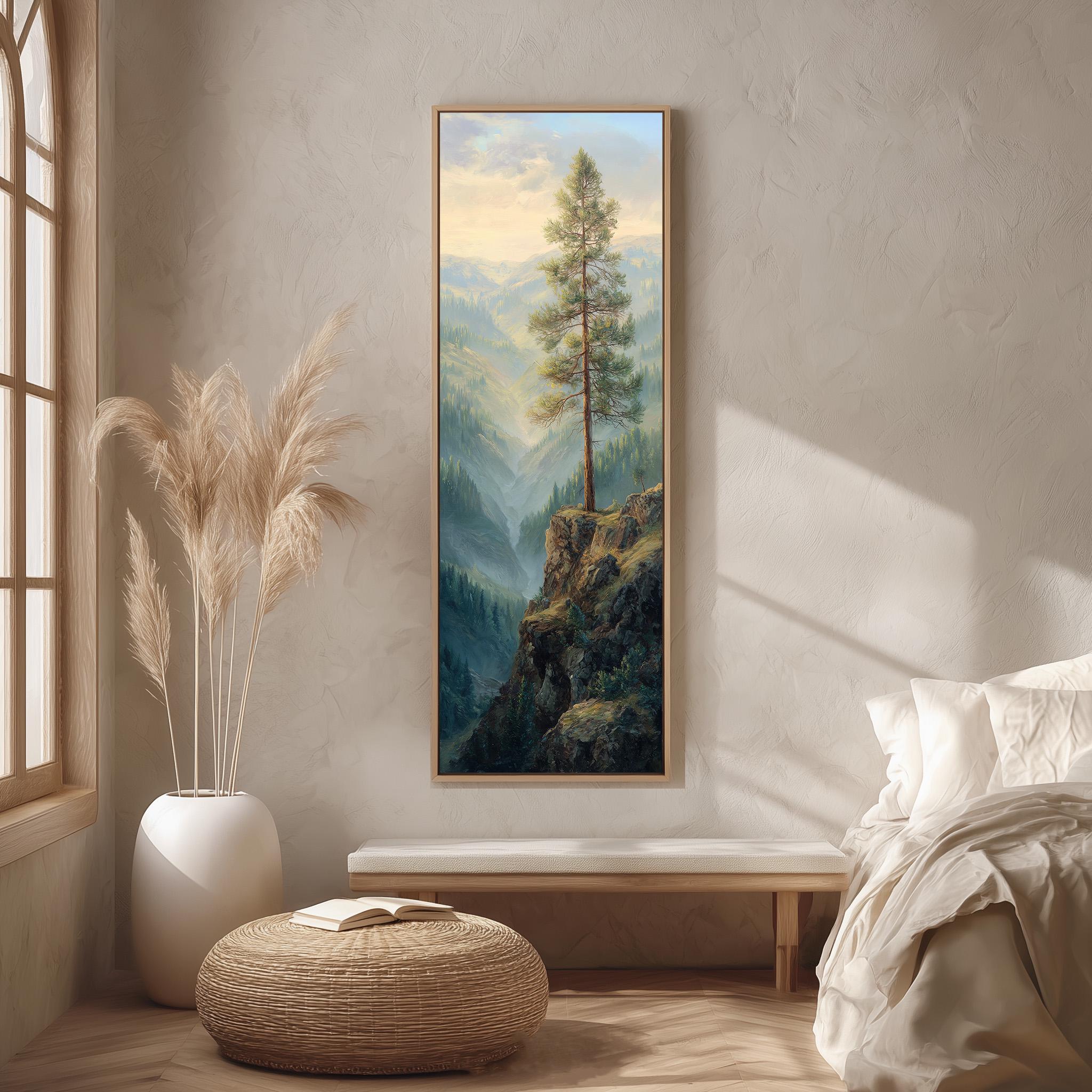 a serene bedroom scene with a large painting of a mountain landscape hanging on the wall. The painting depicts a tall tree standing on a cliff, overlooking a valley below. The room is decorated with a large window, a white bench, and a woven ottoman. The overall atmosphere of the room is calm and peaceful, with the natural elements of the painting and the window providing a sense of tranquility.