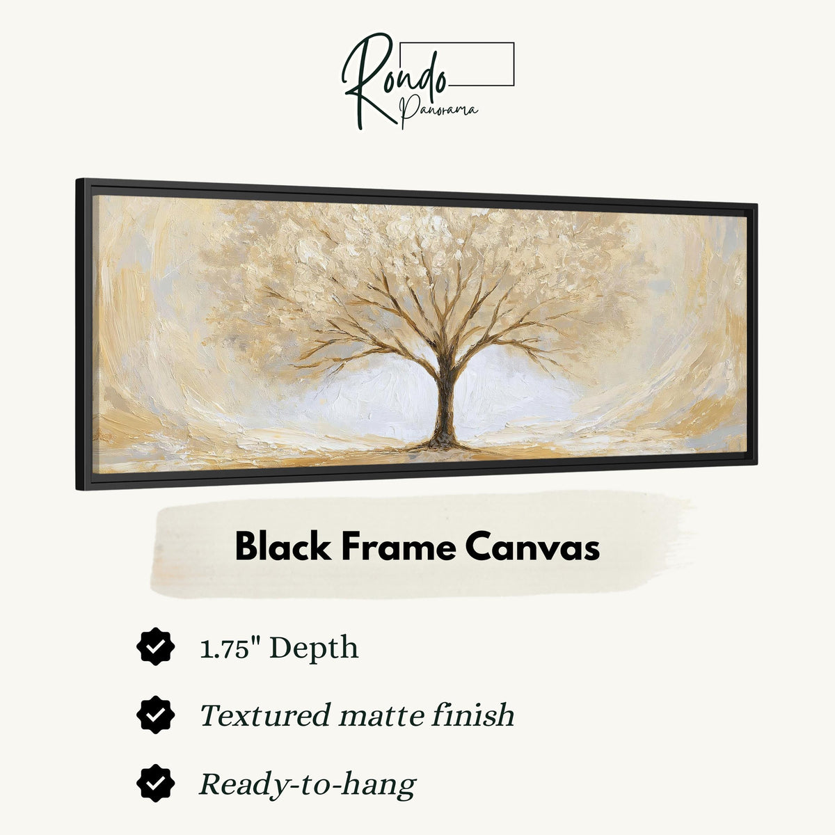 Golden winter tree canvas print in a black floating frame