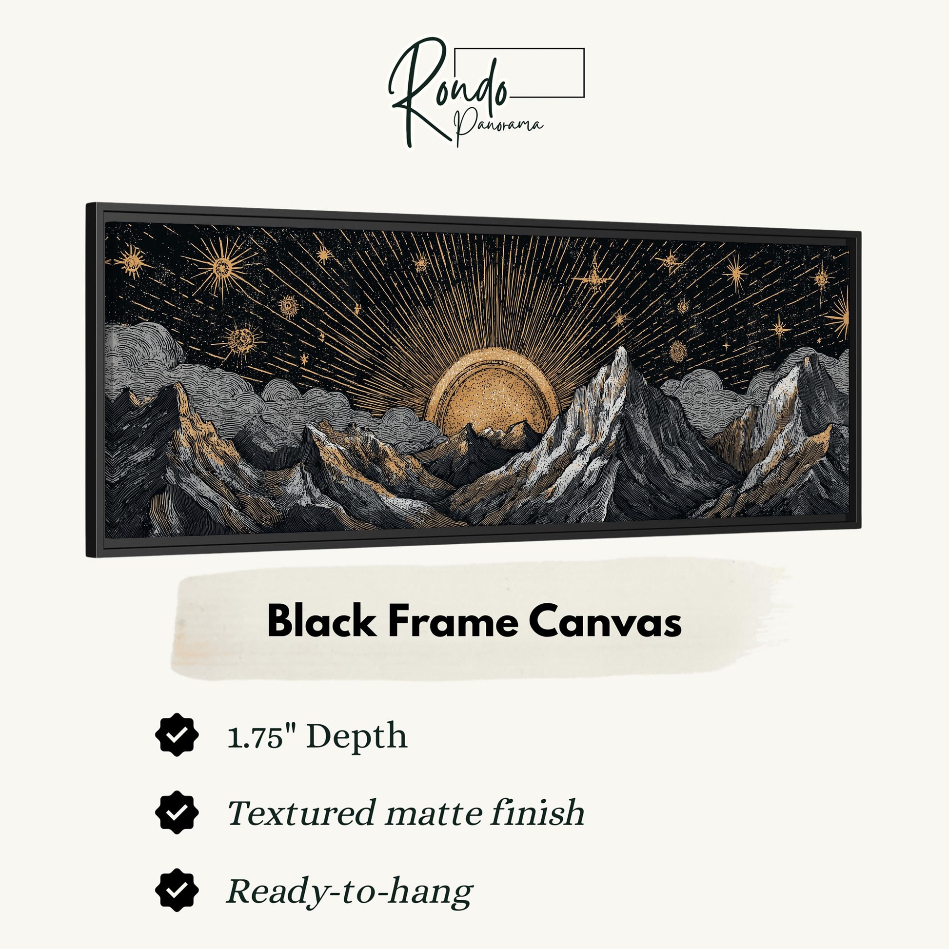 The image is a black frame canvas depicting a mountainous landscape with a sun and stars in the sky.