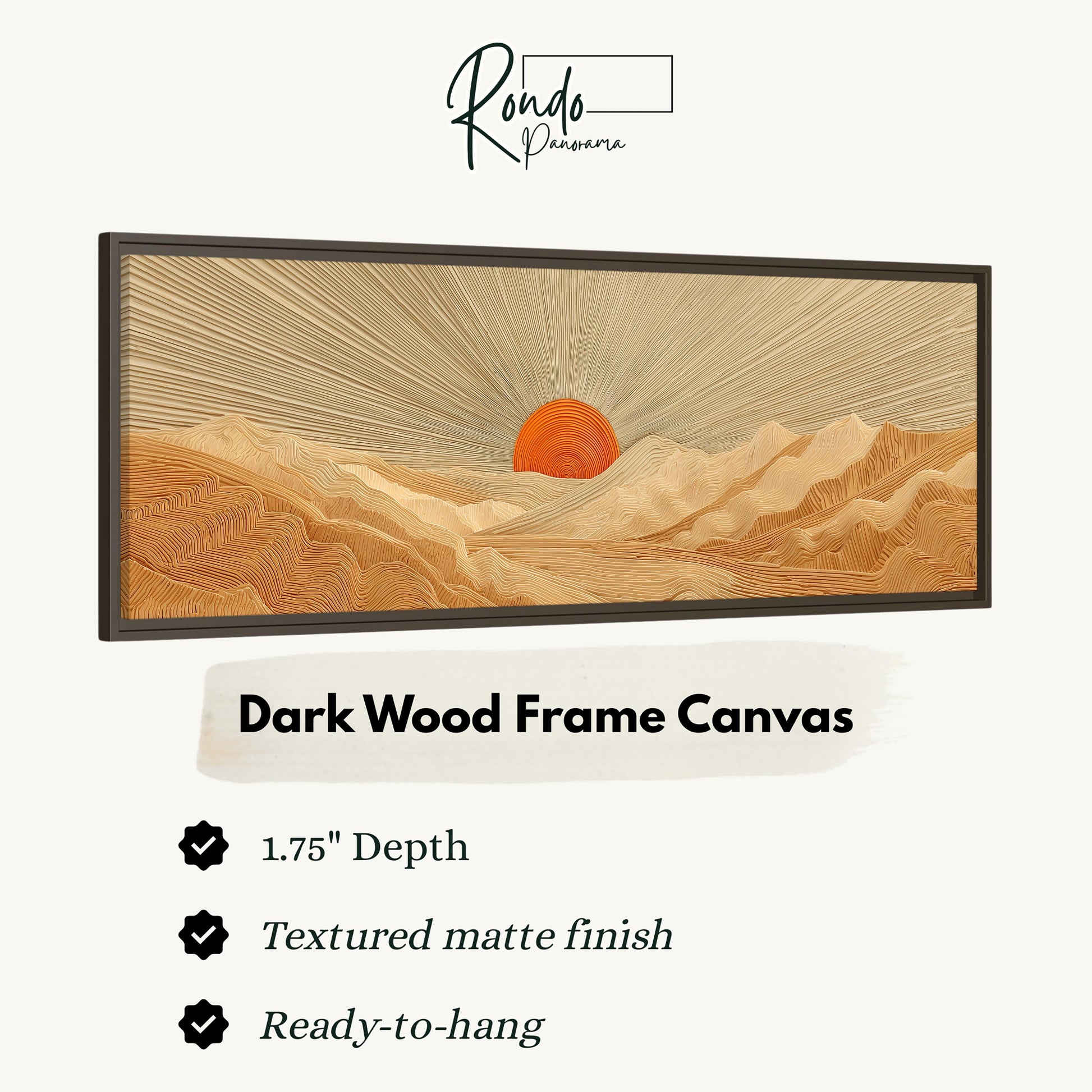 The image is a framed artwork depicting a desert landscape with a sun in the background.