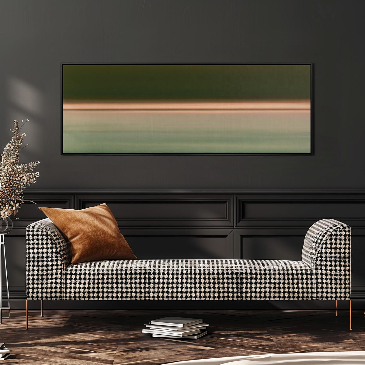 Minimalist dusk horizon gradient wide panoramic canvas print above a bench in a dark living room