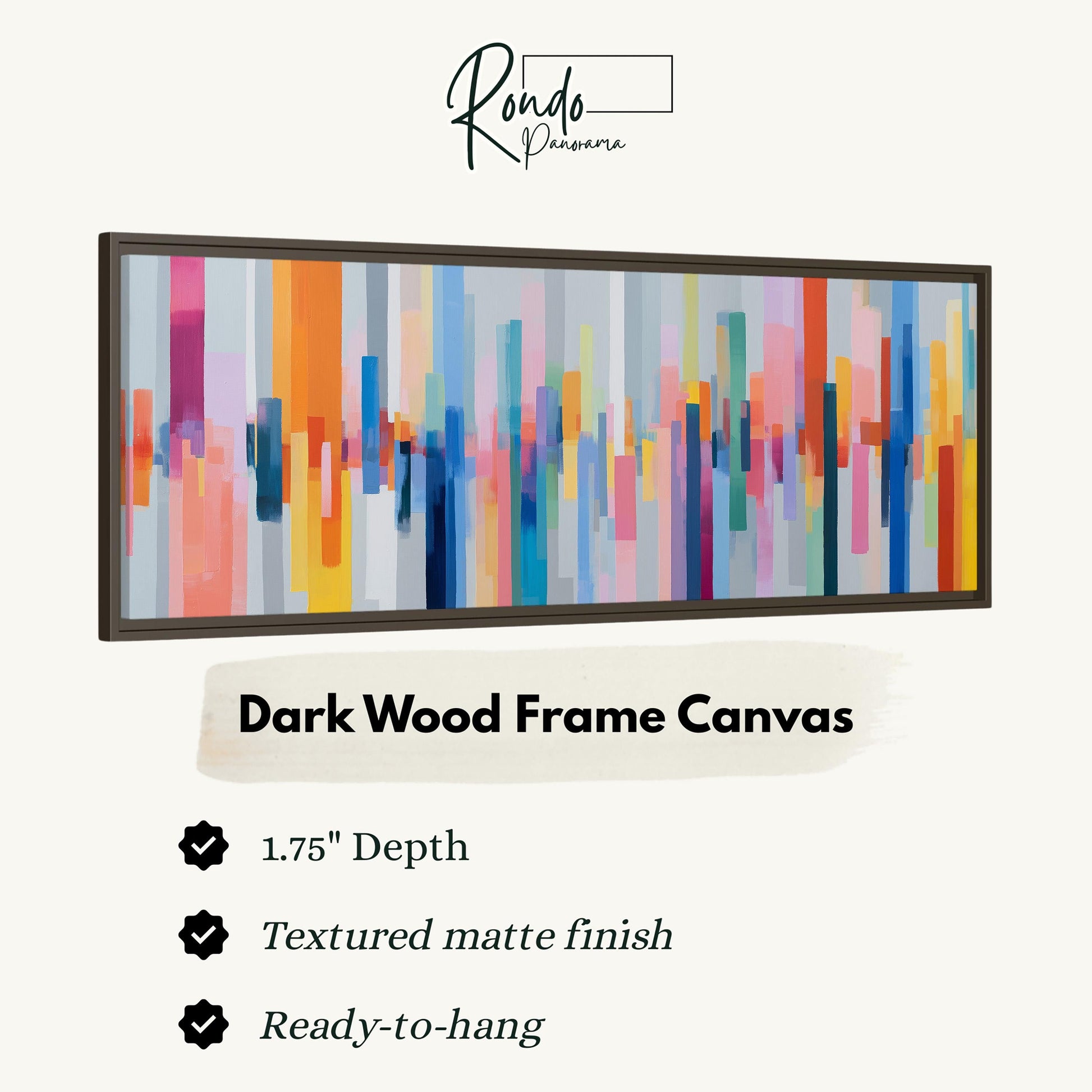 The image is a product advertisement for a dark wood frame canvas. It features a colorful abstract painting with vertical lines and a textured matte finish. The advertisement highlights the canvas's 1.75" depth, textured matte finish, and its readiness to hang.