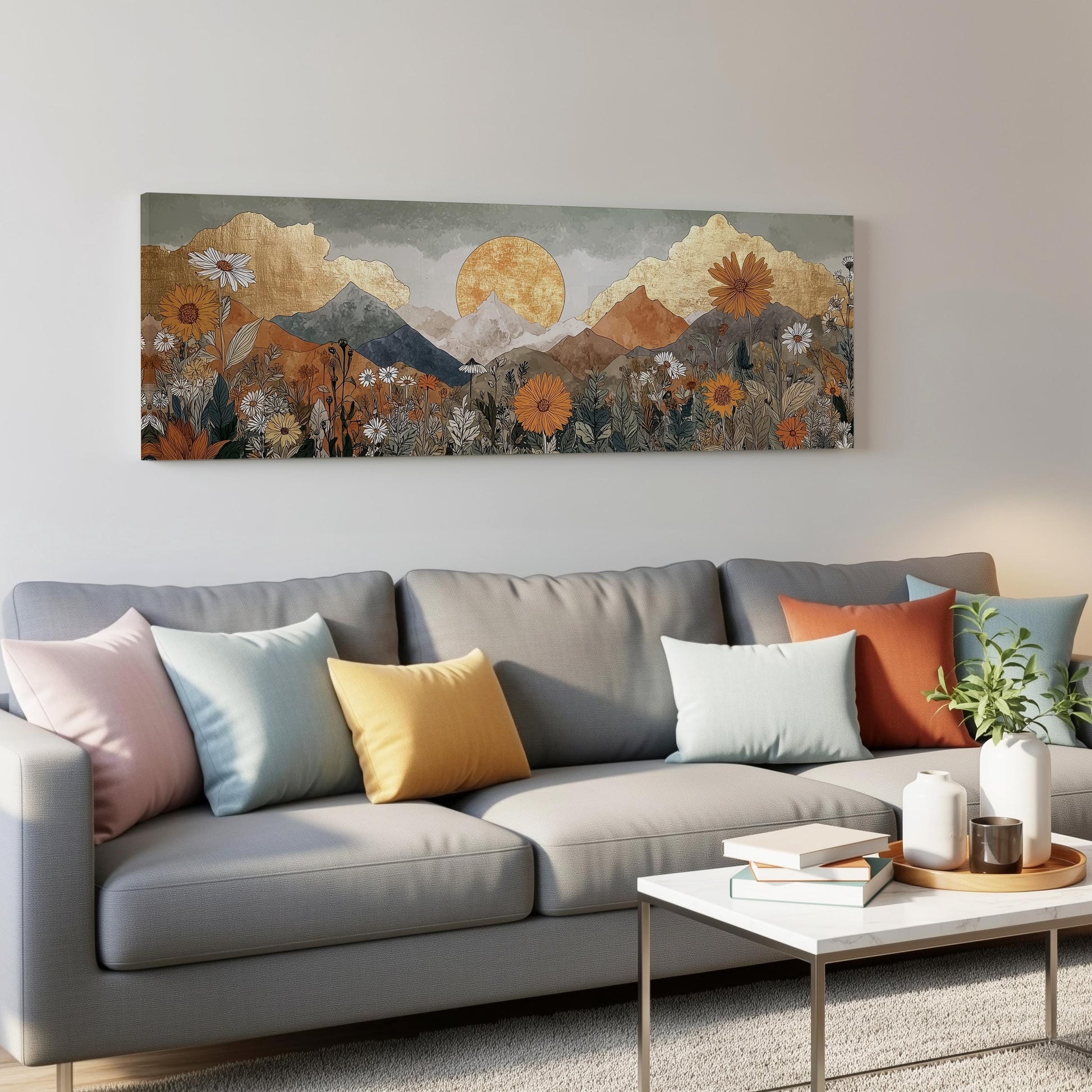 a large, colorful painting of a mountain landscape hanging on a wall above a gray couch with colorful throw pillows.
