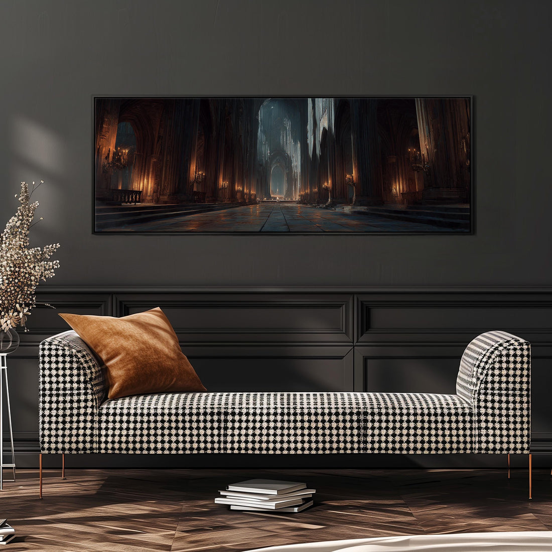 a large, black and white checkered sofa with a brown throw pillow, set against a dark wall with a framed painting depicting a cathedral scene above it.