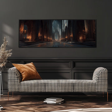 a large, black and white checkered sofa with a brown throw pillow, set against a dark wall with a framed painting depicting a cathedral scene above it.