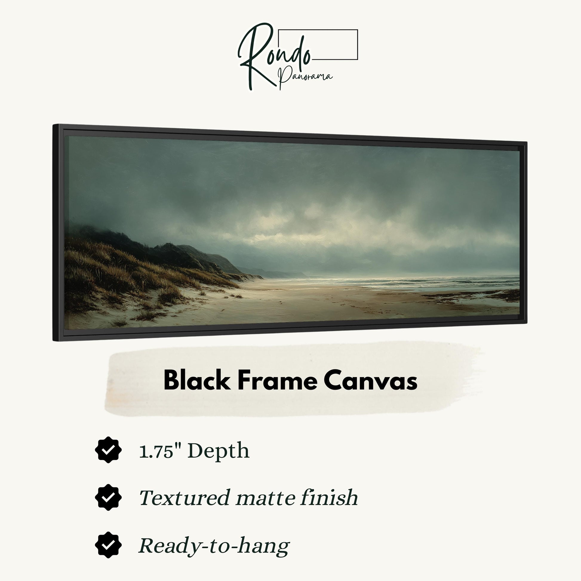 The image is a black frame canvas depicting a beach scene with mountains in the background.