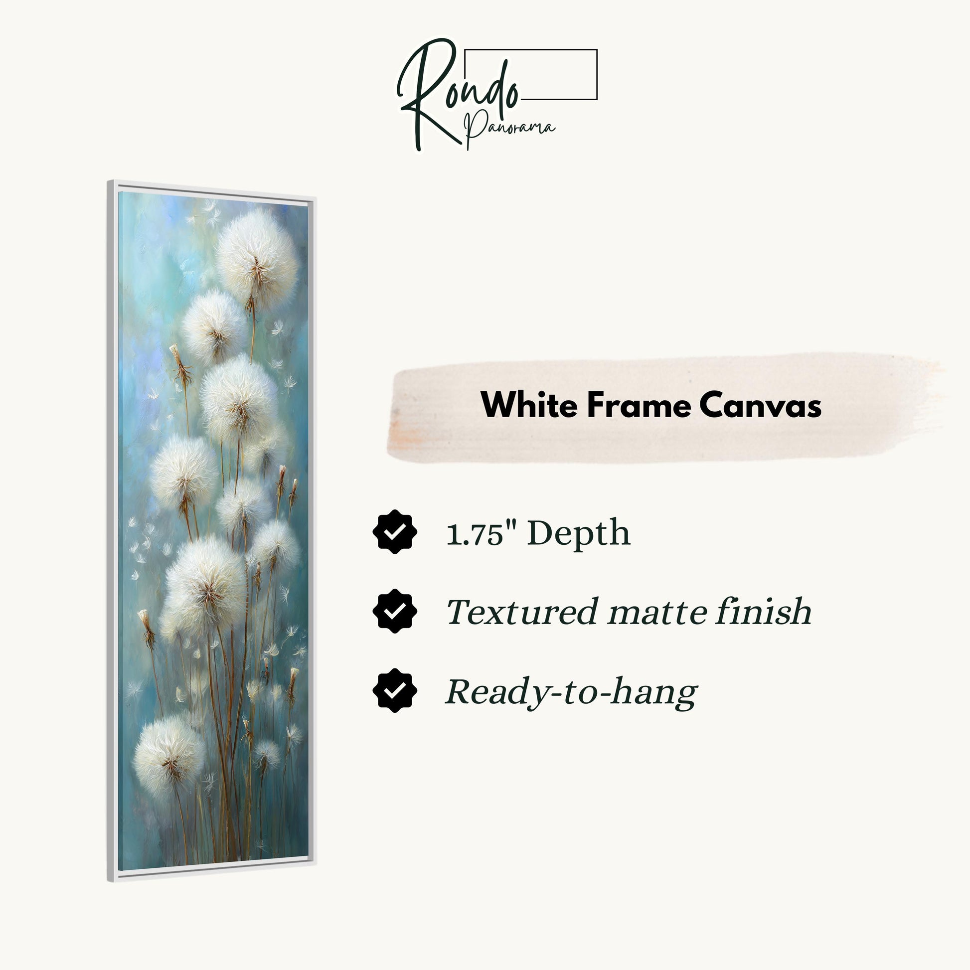 The image is a white frame canvas featuring a painting of dandelions.