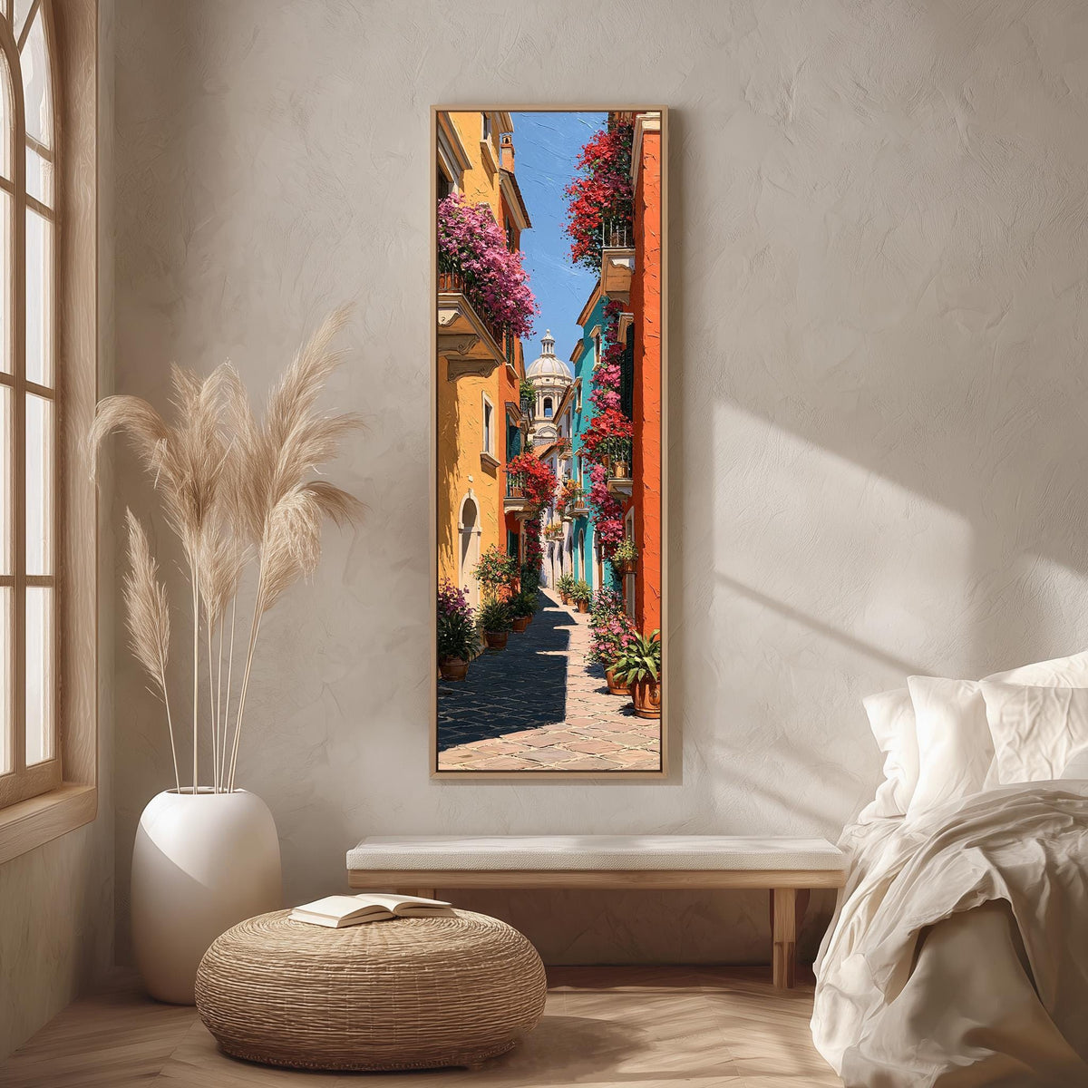 Colorful street with flowered balconies long vertical canvas print in a bright reading corner