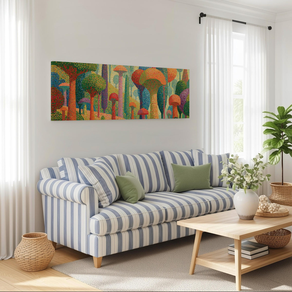 Teal mushroom woodland long horizontal canvas print above a striped sofa in a coastal living room