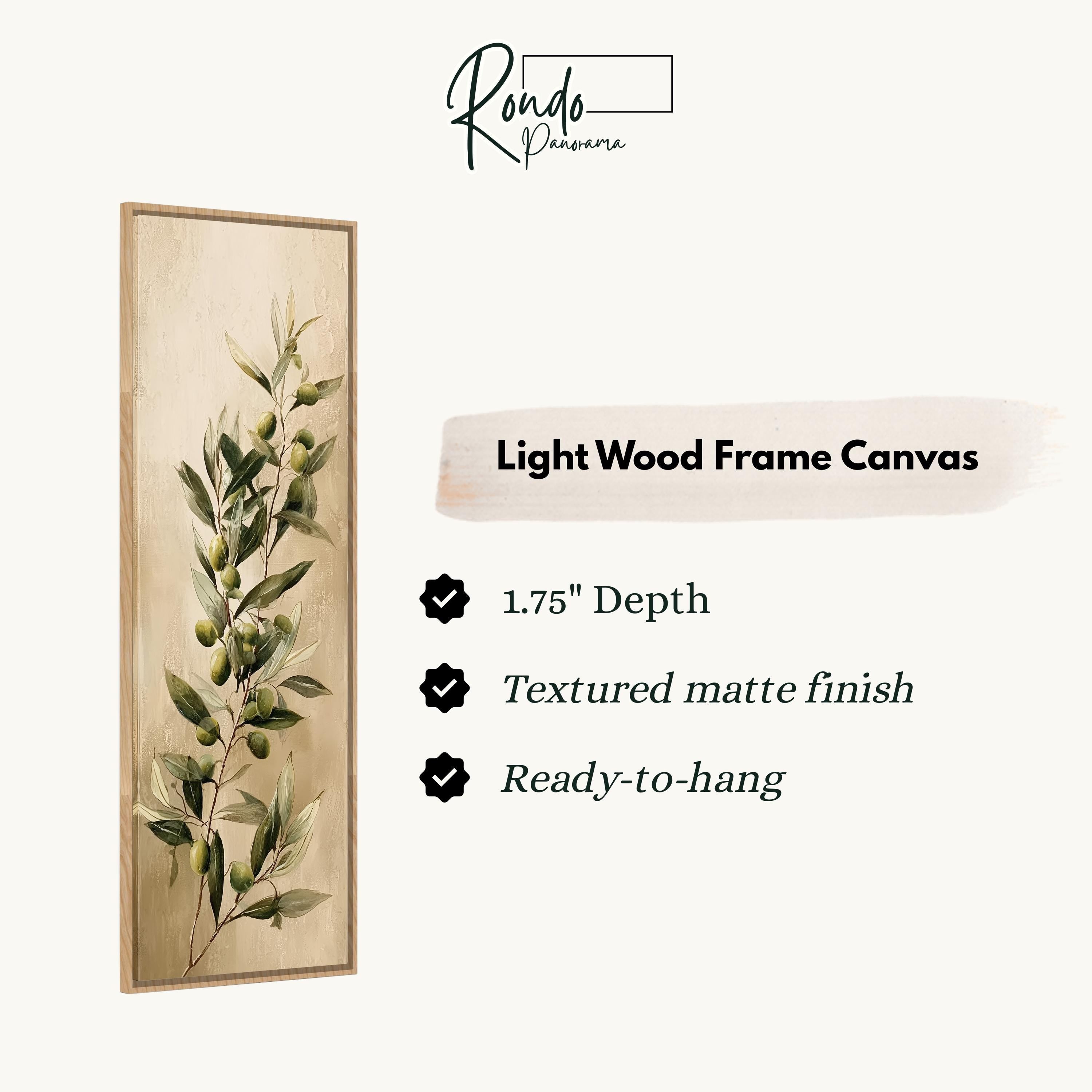 The image is a light wood frame canvas featuring a painting of green olive branches with green olives.