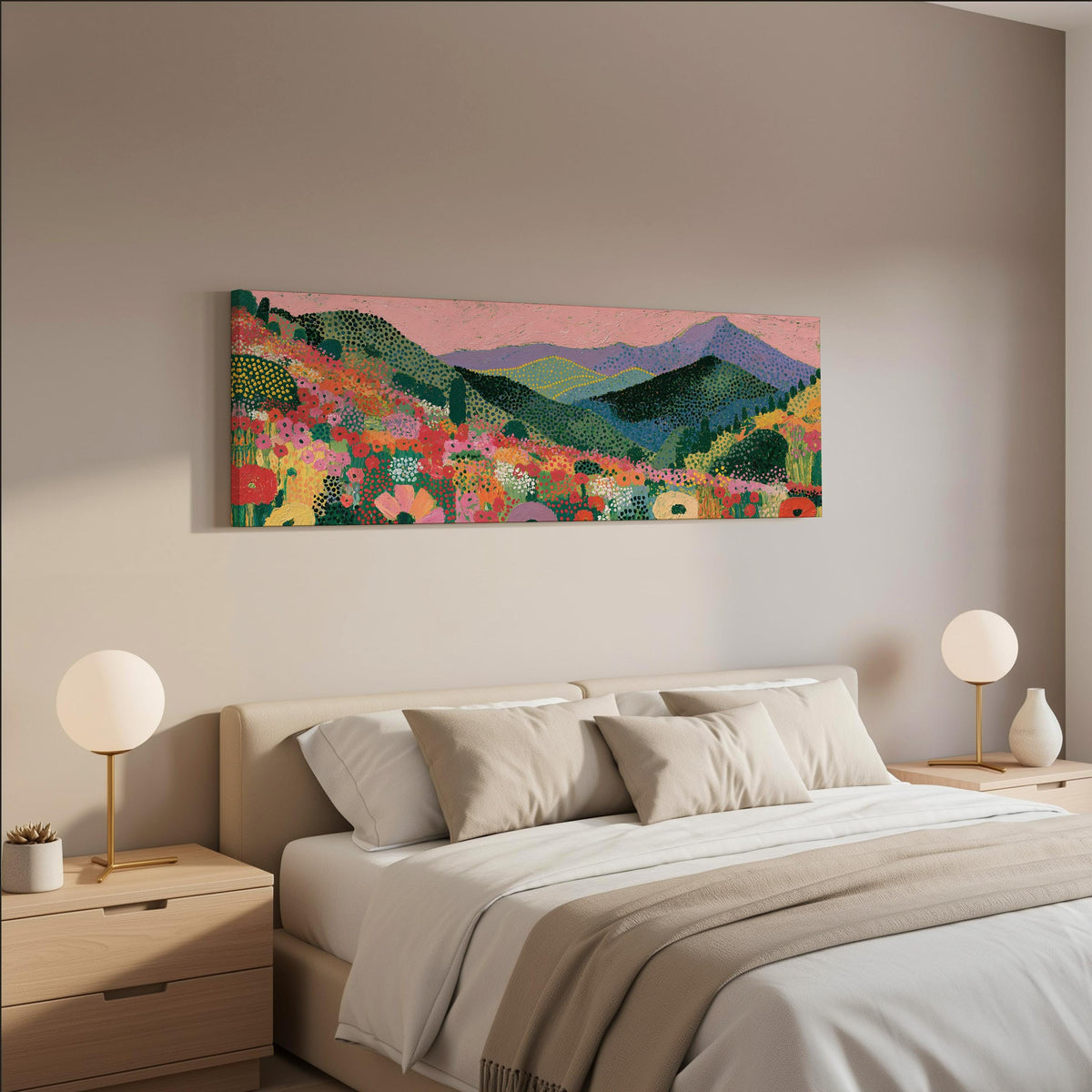 Purple mountains over a flower meadow wide panoramic canvas print above a bed in a neutral bedroom