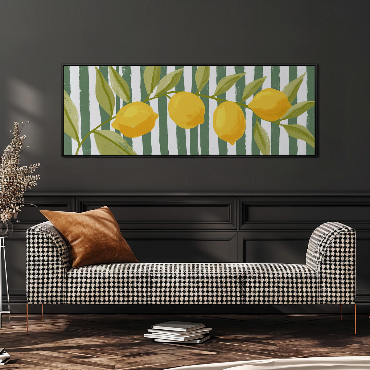 Lemon branch on green stripes long horizontal canvas print above a dining table