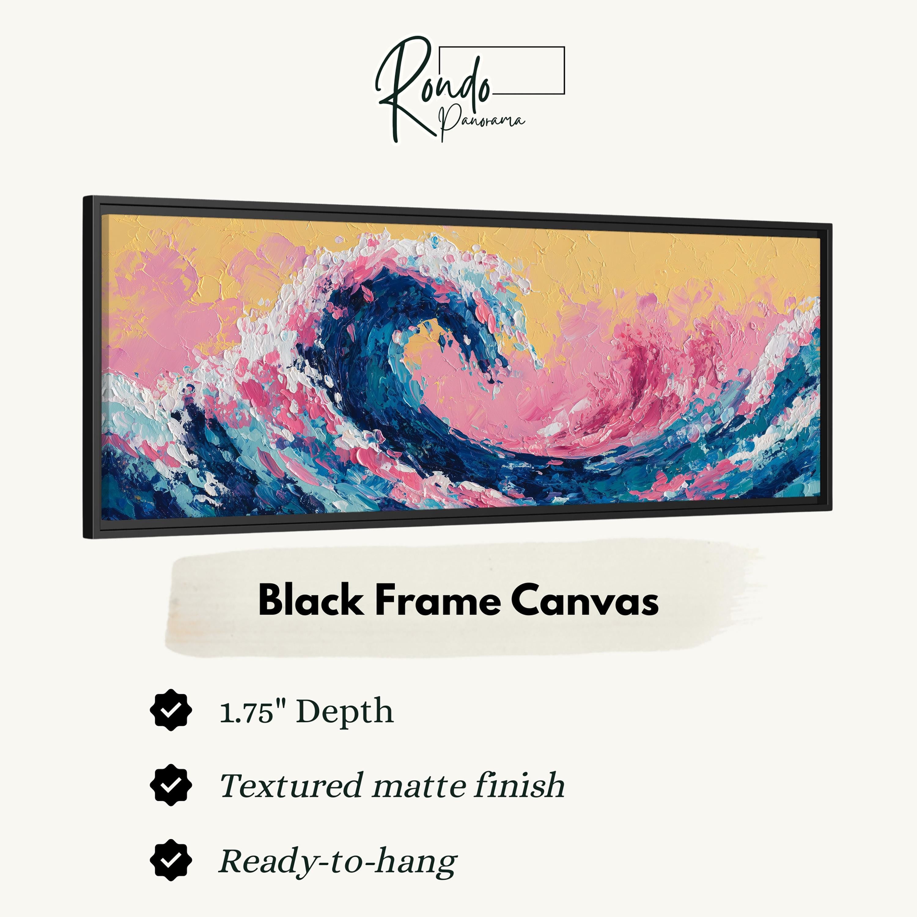 The image is a black frame canvas depicting a vibrant, abstract painting of a wave.